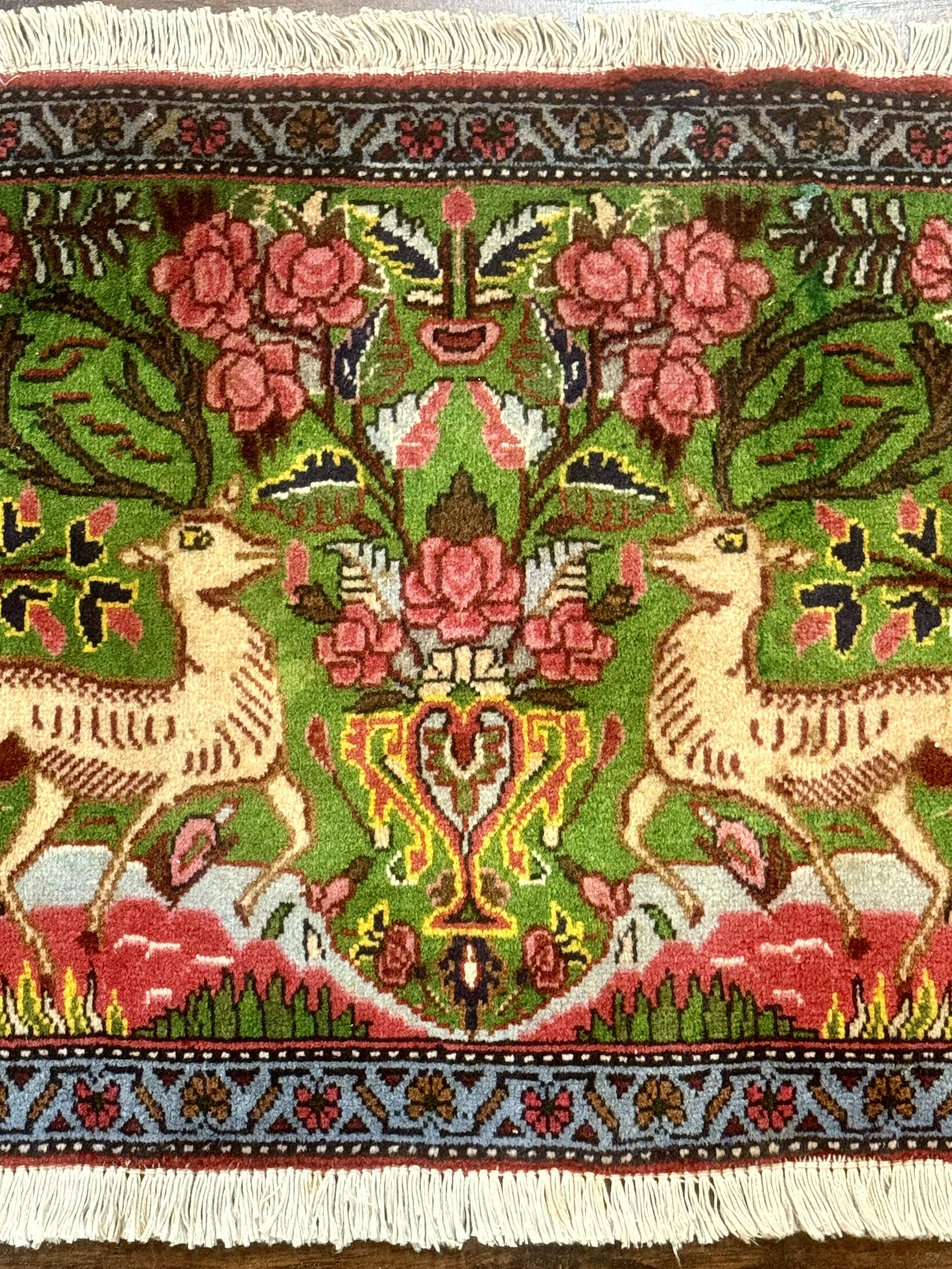 Small Persian Sarouk Rug, Deer Pictorials, Green, Hand Knotted, Fine - Jewel Rugs