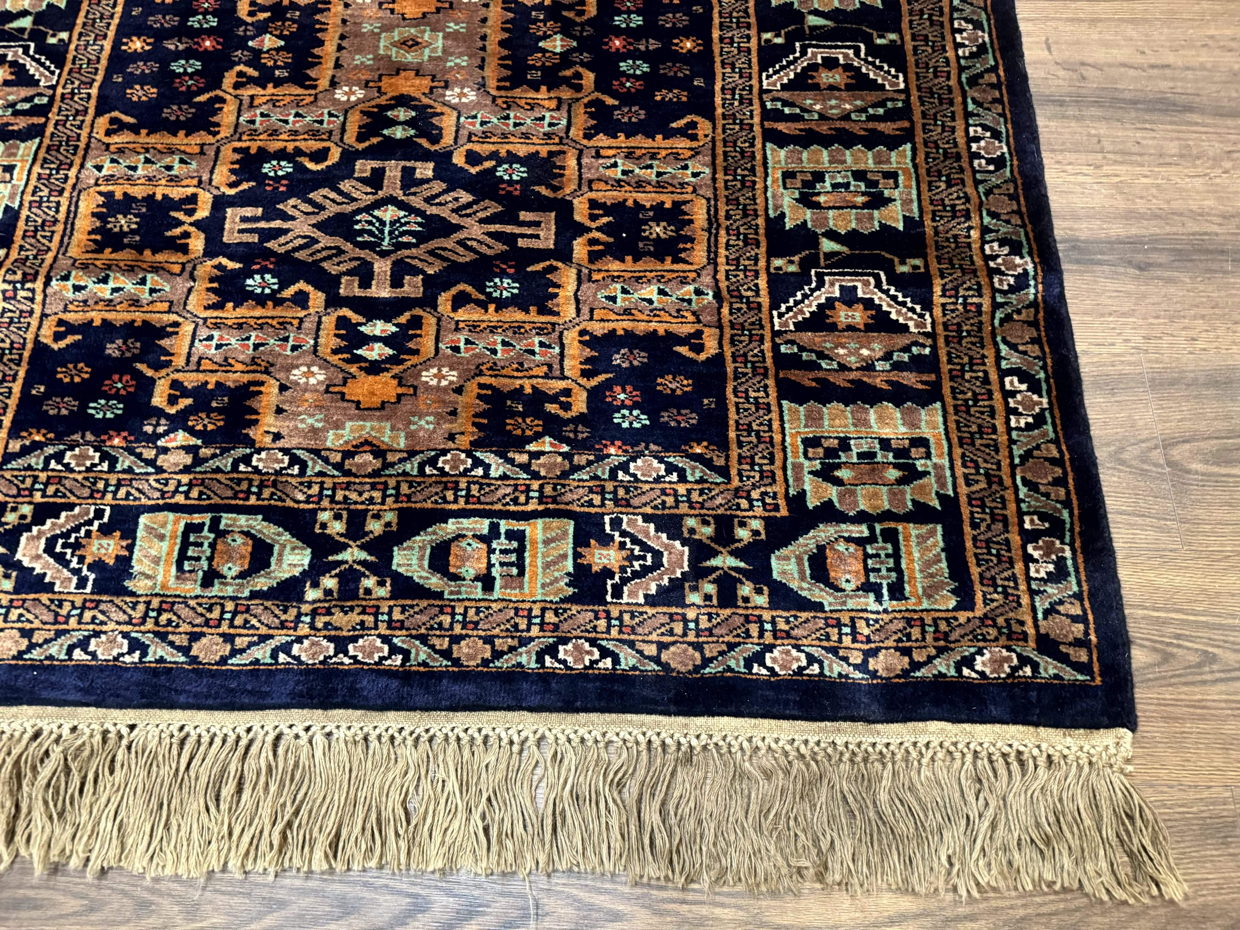 Vintage Afghan Rug 4x6, Navy Blue and Light Brown, Geometric Medallions, Wool on Wool, Tribal Rug - Jewel Rugs