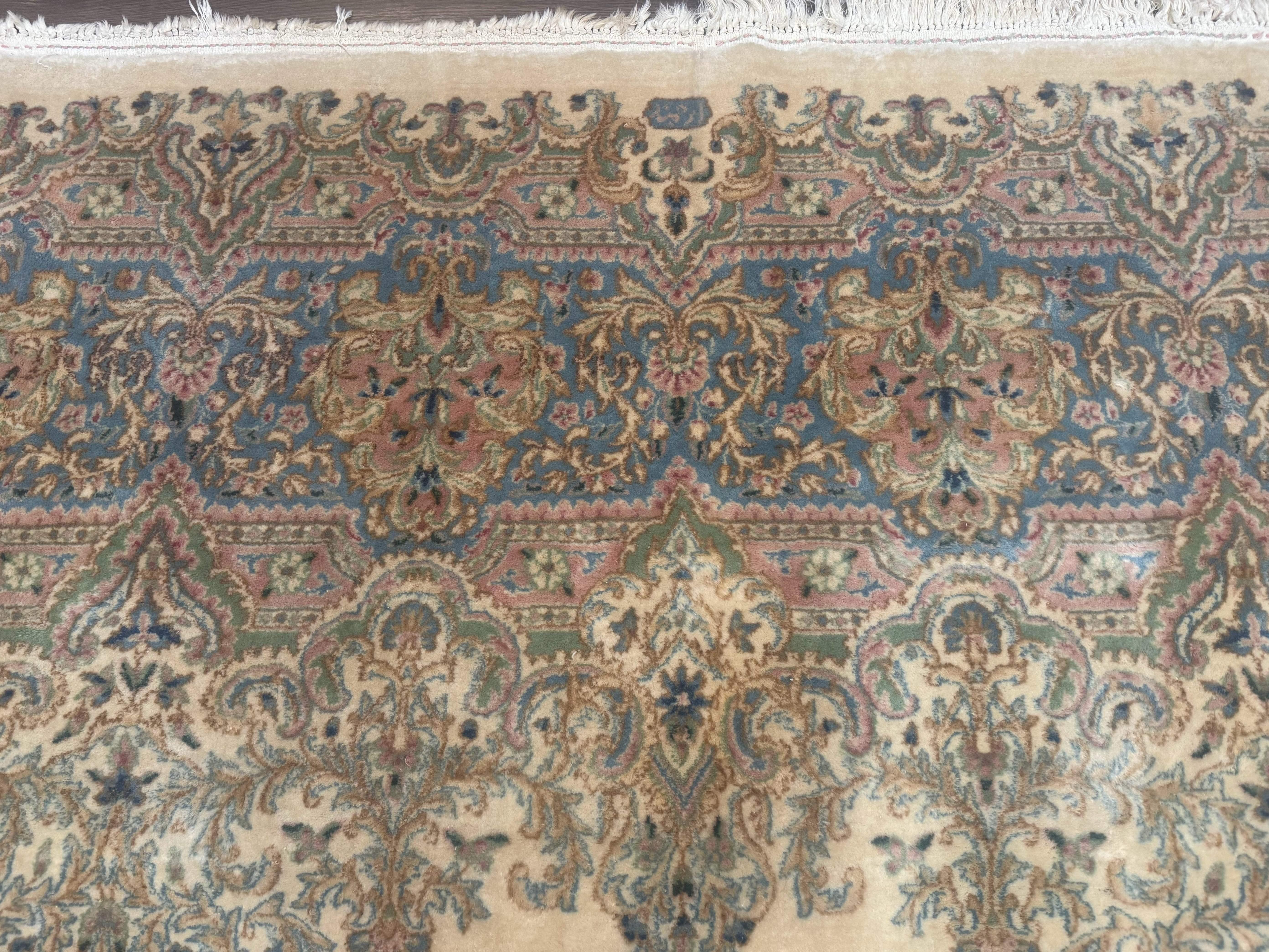 Palace Size Persian Kerman Rug 12x18, Floral Kirman Rug, Ivory Light Blue Pink, Pastel Colors, Vintage Persian Rug, Signed, Fine 240 KPSI - Jewel Rugs