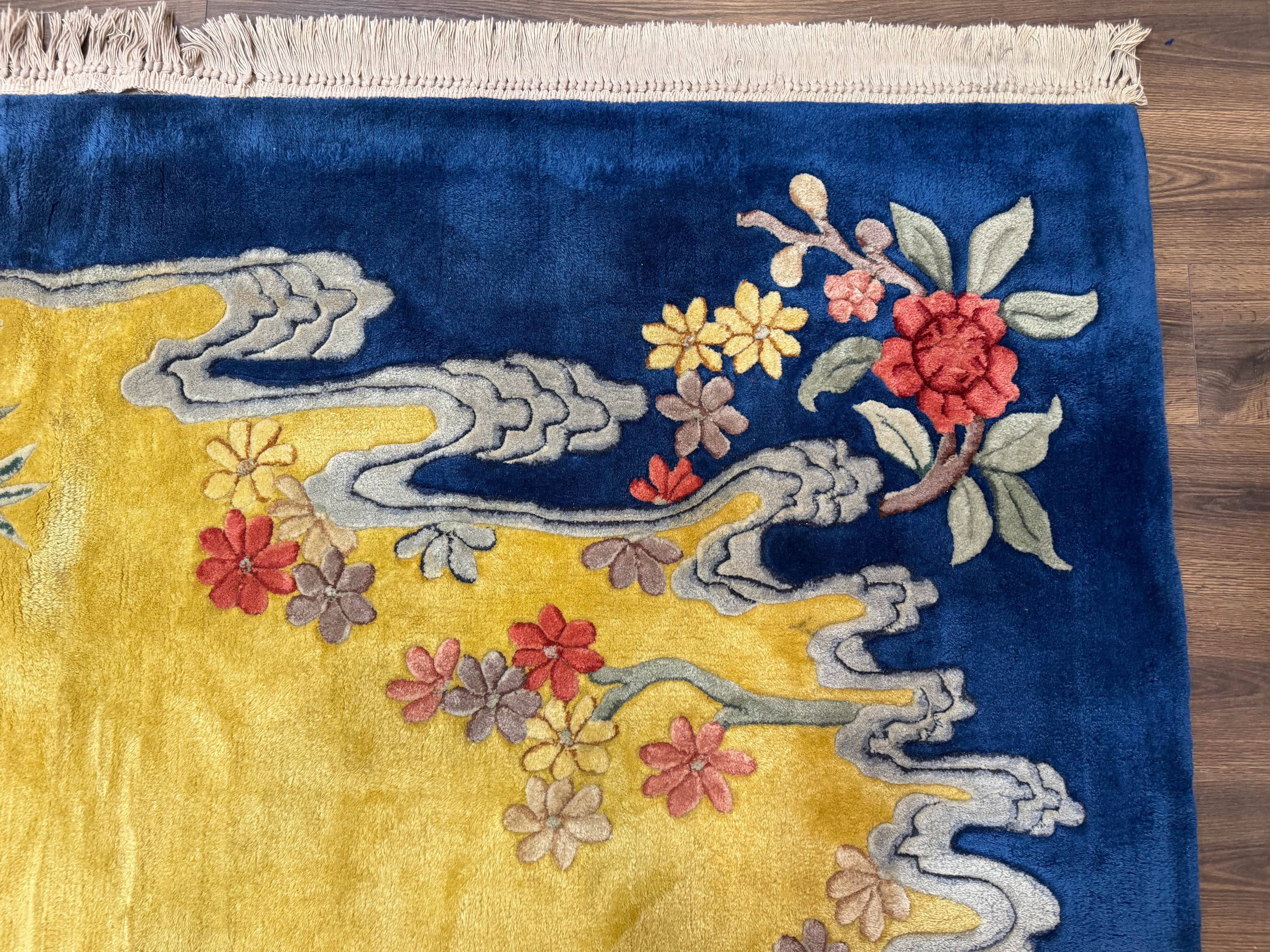 Chinese Peking Rug 9.6 x 13, Light Mustard & Blue, Wool Chinese Carpet, Hand Tufted, Vintage - Jewel Rugs