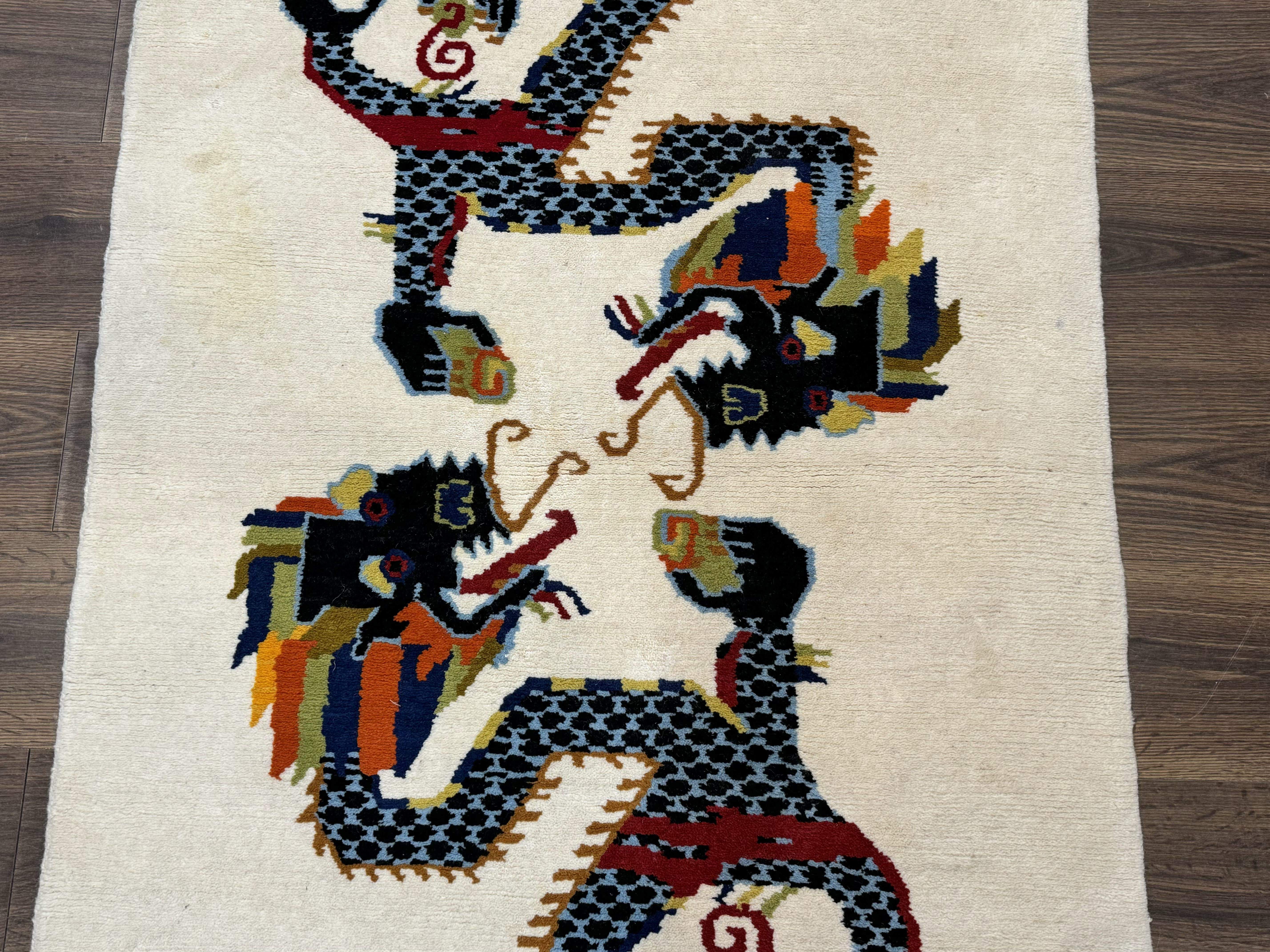 Chinese Double Dragon Rug 3x5 – Ivory, Hand-Knotted Wool Vintage - Jewel Rugs