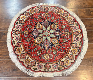 Round Persian Rug 3x3, Small Round Oriental Carpet, Floral Medallion, Red, Hand Knotted Handmade Vintage Traditional Wool Rug, Pair A
