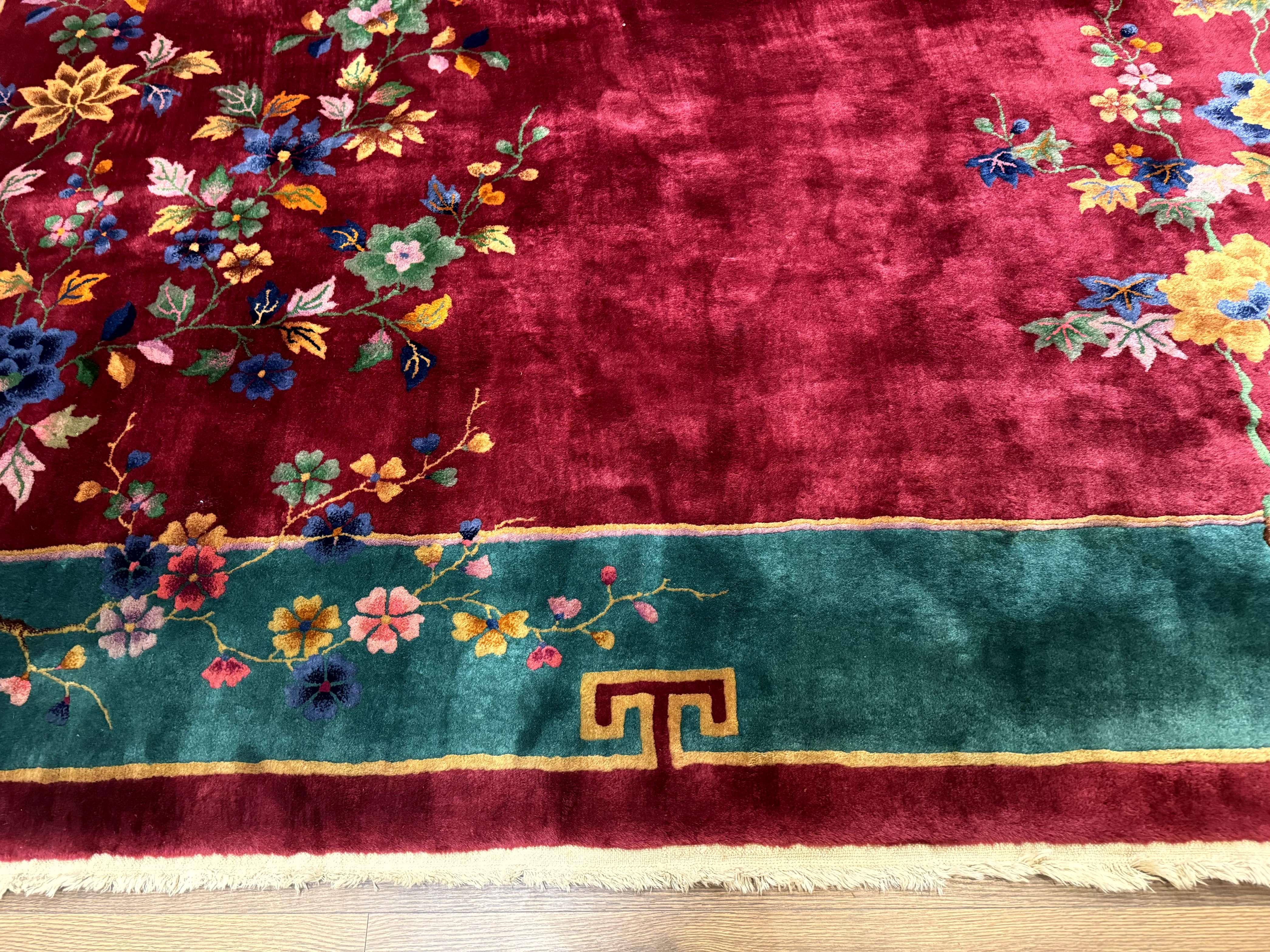 Antique Chinese Art Deco Rug 9x11, Rare, Nichols Rug, Cherry Red and Green, Chinese Wool Carpet - Jewel Rugs