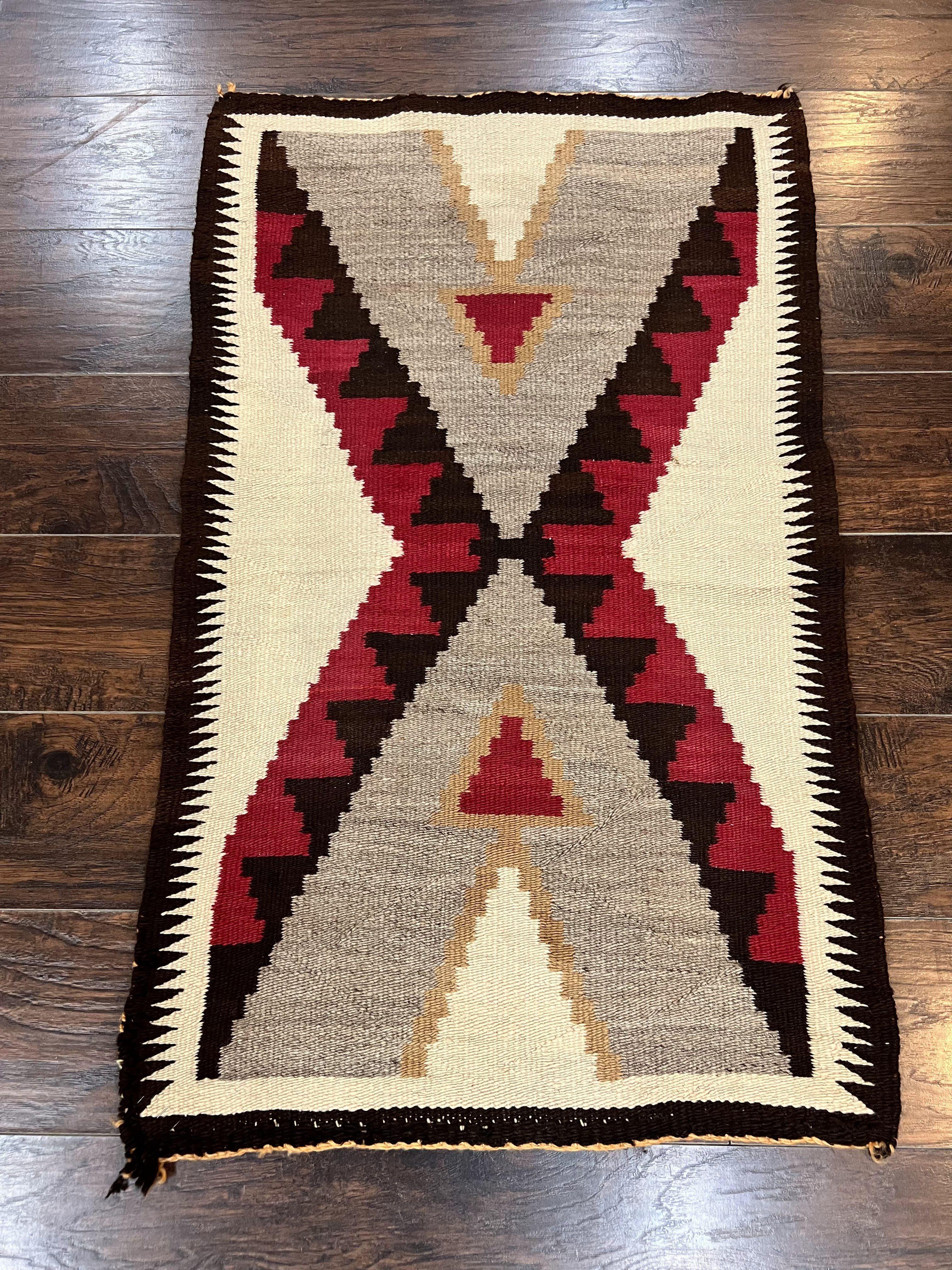 Antique Navajo Rug 2x4, Collectible Native American Wool Handmade Rug, Ivory Black Red Gray, Vintage Navajo Textile - Jewel Rugs