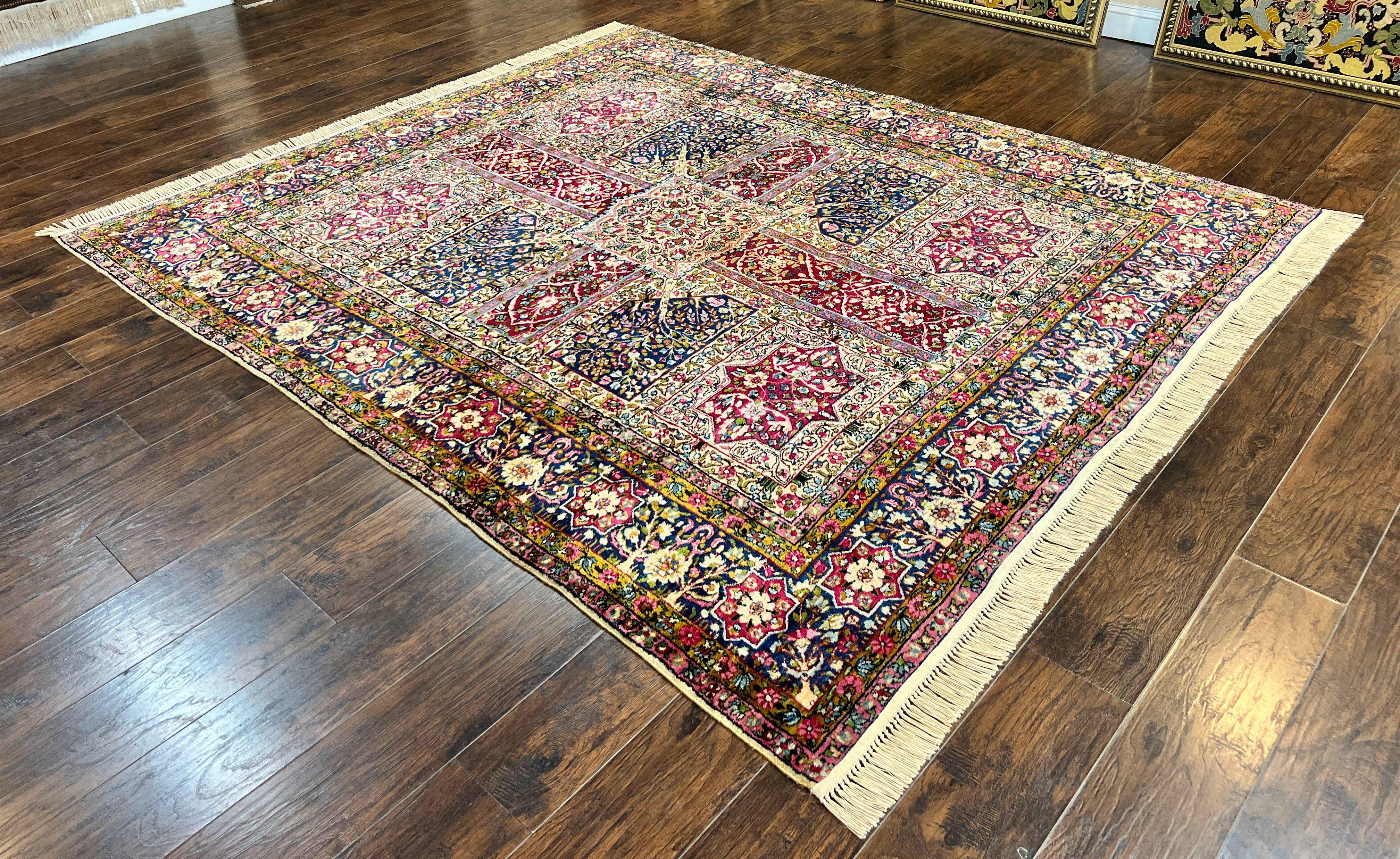 Persian Kirman Lavar Rug 8x9, Antique Persian Carpet, Colorful Multicolor 1920s Handmade Wool Rug, Garden Panel Design, Fine 200 KPSI - Jewel Rugs