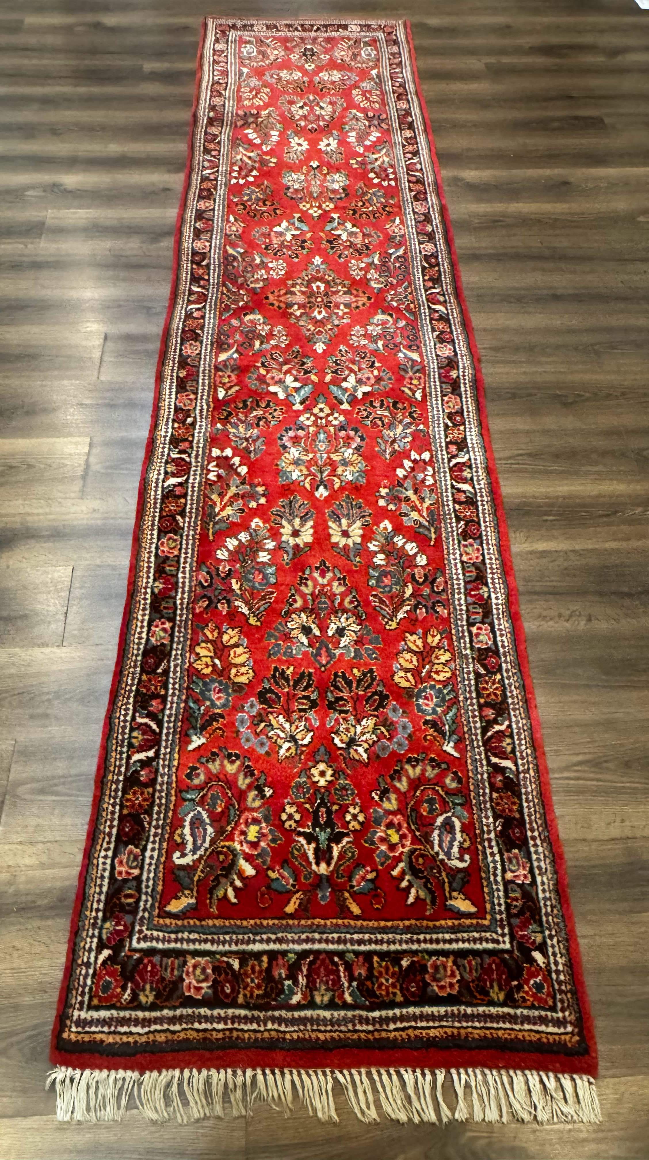 Persian Sarouk Runner Rug 3x12, Red Floral 3 x 12ft Runner, Vintage, Wool - Jewel Rugs