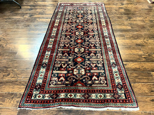 Persian Wide Runner Rug 4.8 x 10, Persian Kalegi Ardabil Rug, Perpedil Caucasian Rug, Antique Handmade Wool Carpet, Navy Blue Red, Tribal Rug