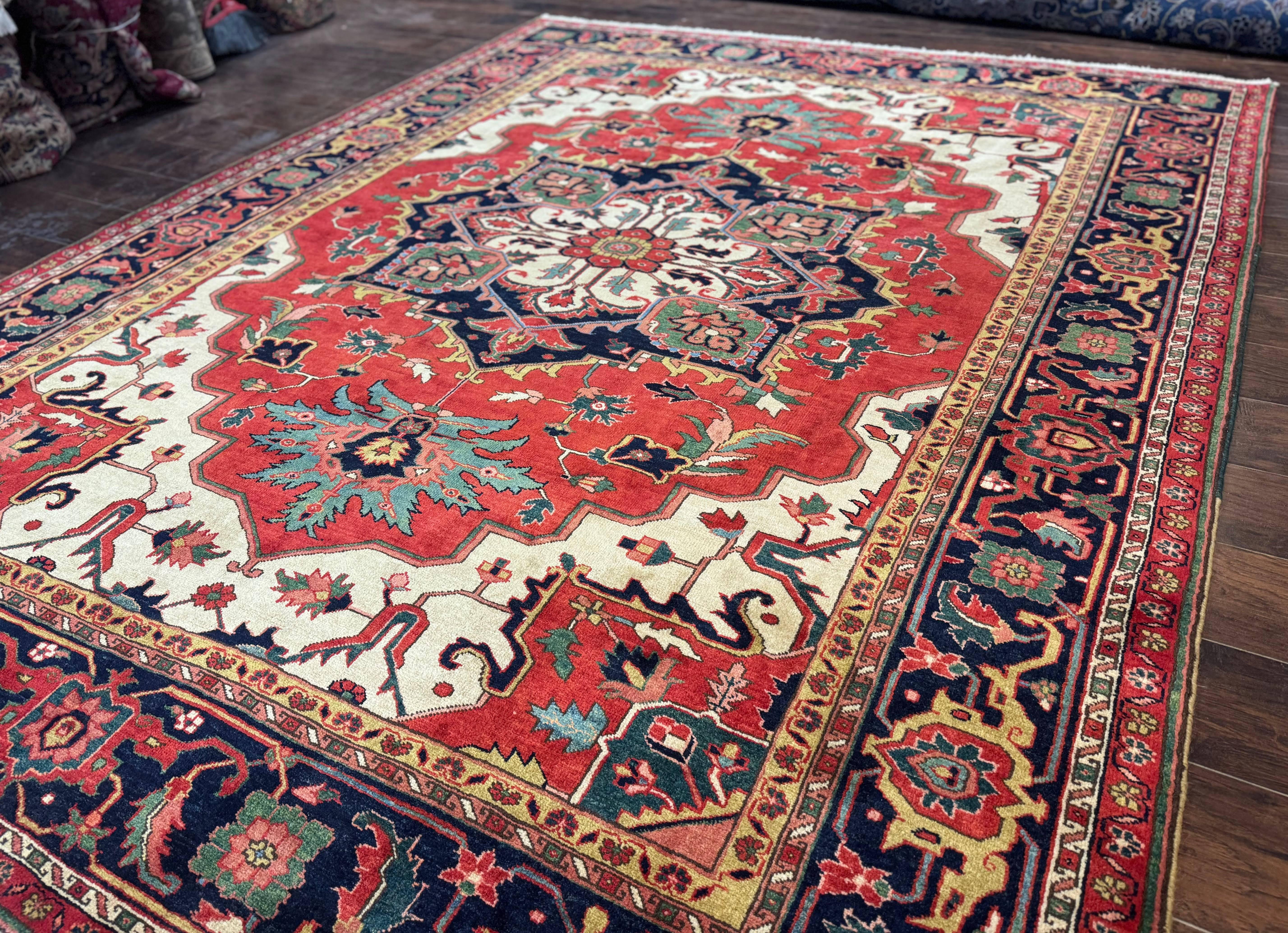 Persian Heriz Serapi Rug 8 x 10.6, Geometric Medallion, Great Colors, Rare, Red Navy Blue Ivory - Jewel Rugs