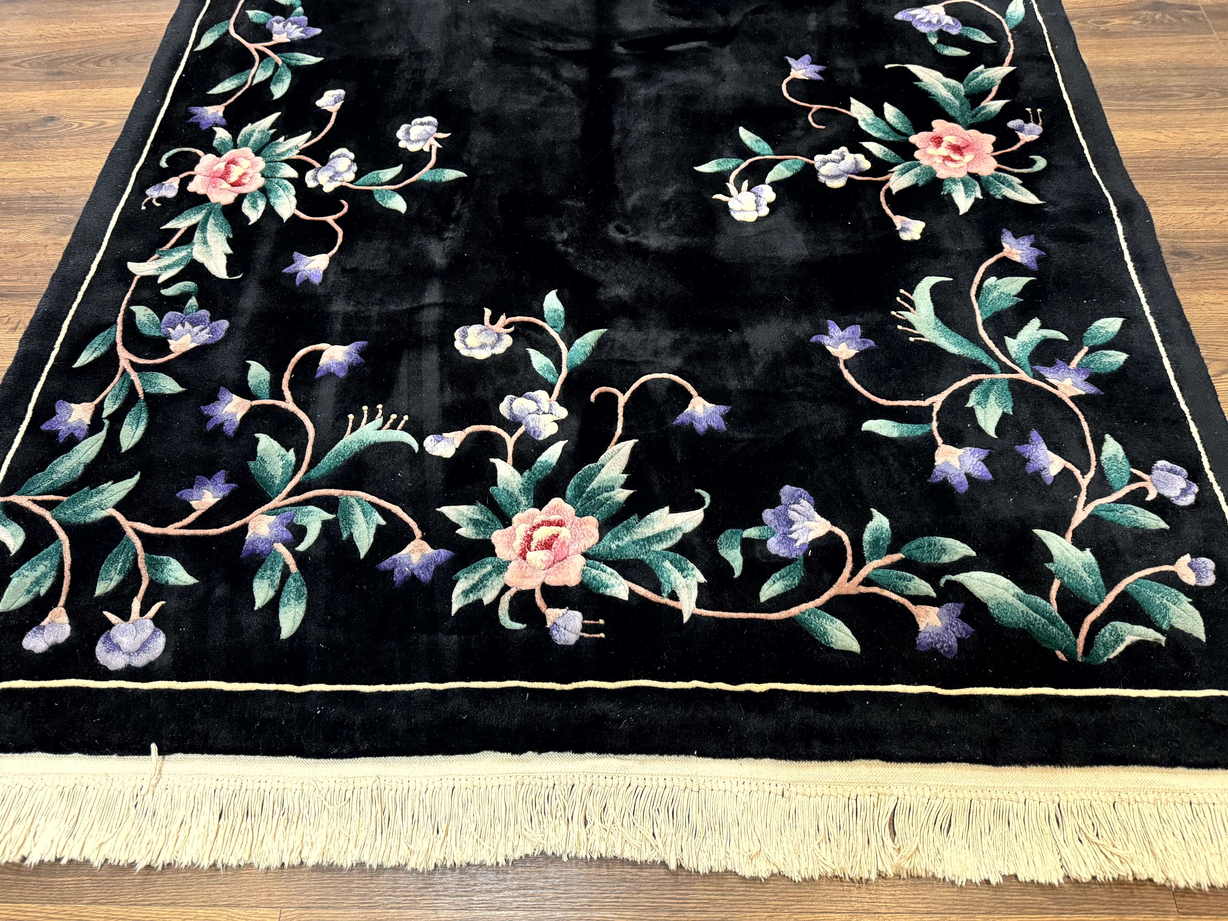 Chinese Wool Rug 6x9, Black, Floral, Minimal Design, 90 Line Carpet, Vintage Art Deco Rug - Jewel Rugs