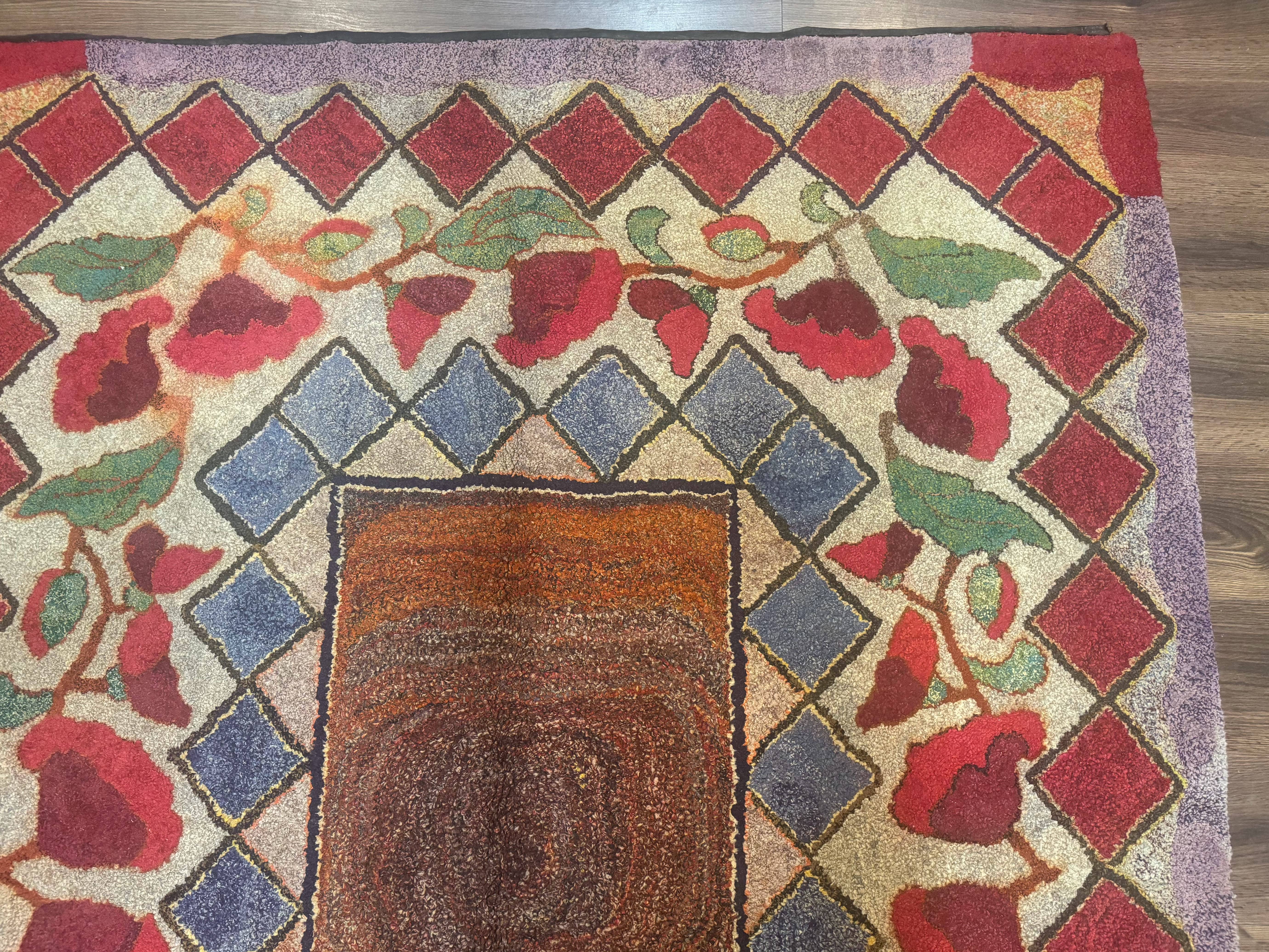 Vintage American Hooked Rug 6x7, Unique Colors, Red Lavender Cream, Abstract - Jewel Rugs