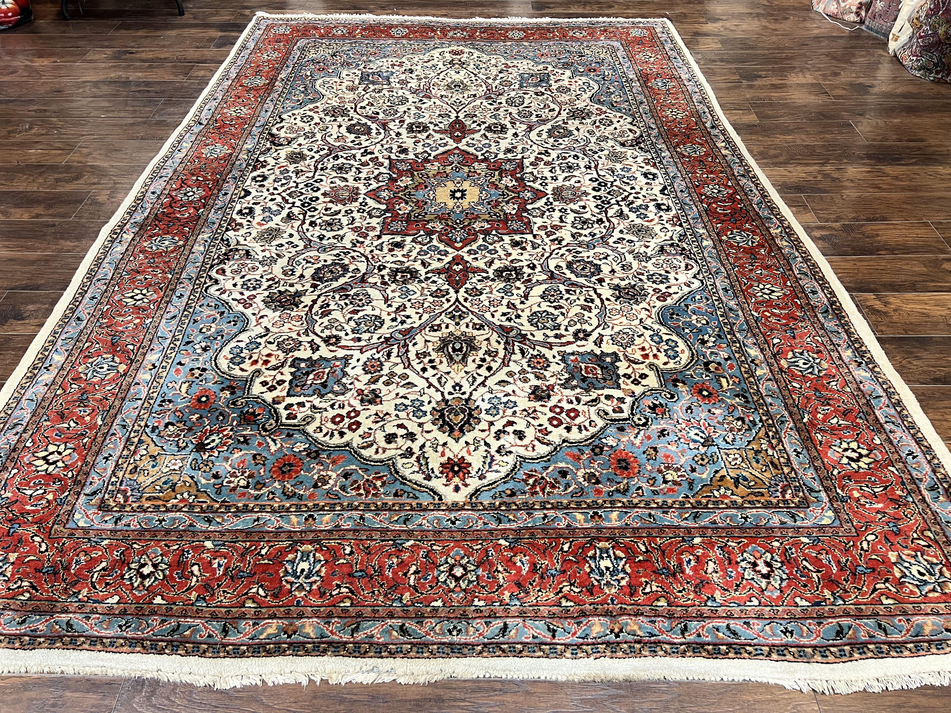 Persian Sarouk Rug 8x12, Wool Hand Knotted Antique Carpet, Floral Medallion, Cream Red, Traditional Oriental Rug - Jewel Rugs
