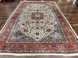 Persian Sarouk Rug 8x12, Wool Hand Knotted Antique Carpet, Floral Medallion, Cream Red, Traditional Oriental Rug