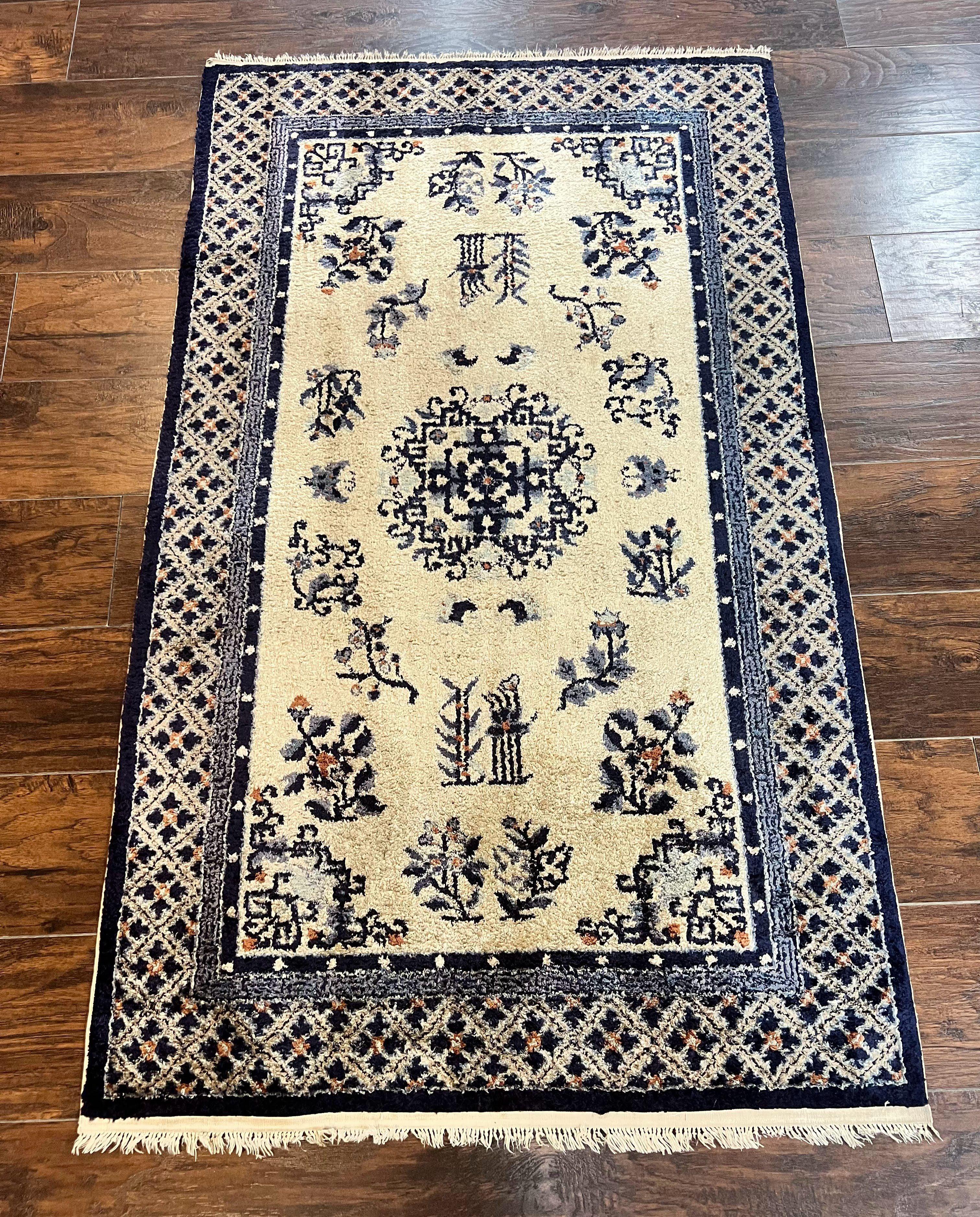 Silk Chinese Rug 3x5, Vintage Handmade Peking Carpet, Asian Oriental Art Deco Rug - Jewel Rugs