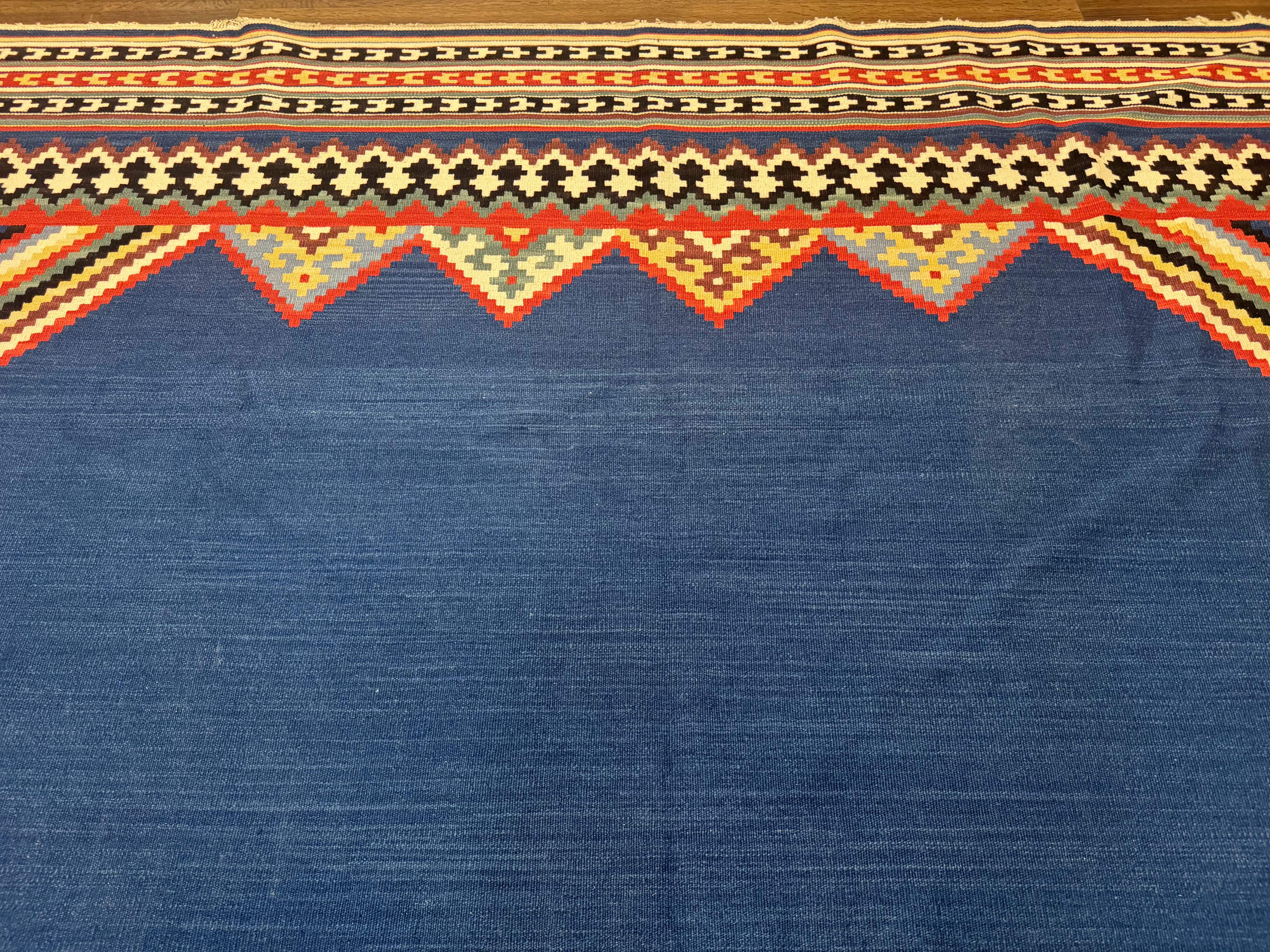 Persian Shiraz Tribal Kilim Rug 8x10, Large Blue Open Field, Bohemian, Colorful - Jewel Rugs