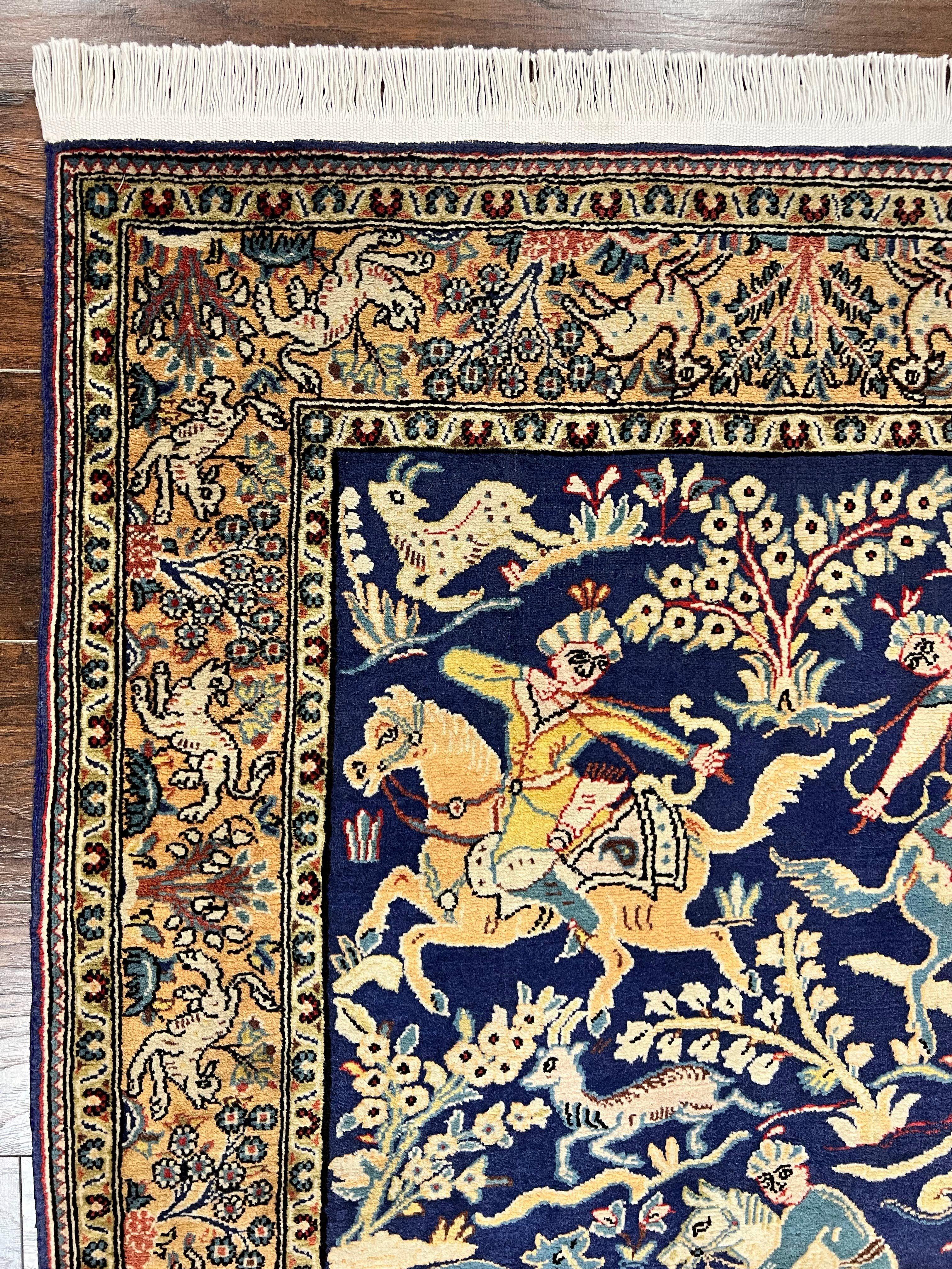 Persian Qum Hunting Design Rug 4x5, Wool Hand Knotted Vintage Oriental Carpet, Navy Blue & Mustard, Horsemen Animal Pictorials, Rare - Jewel Rugs