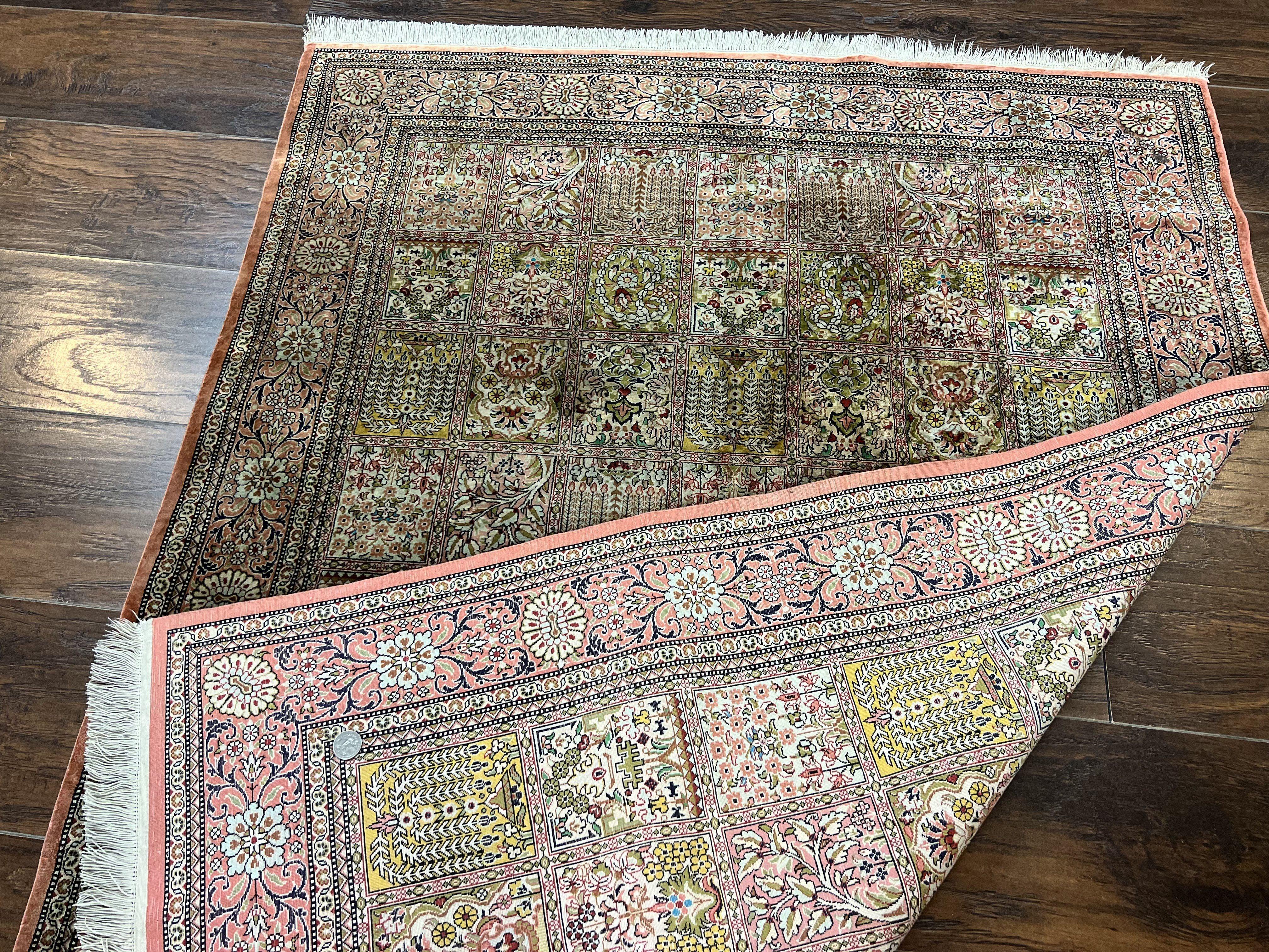 Magnificent Persian Silk Rug 3.7 x 5, Persian Qum Rug, Panel Design, Kheshti Garden, Extremely Fine 650 KPSI - 70 Raj, Hand Knotted, Vintage, Multicolor - Jewel Rugs