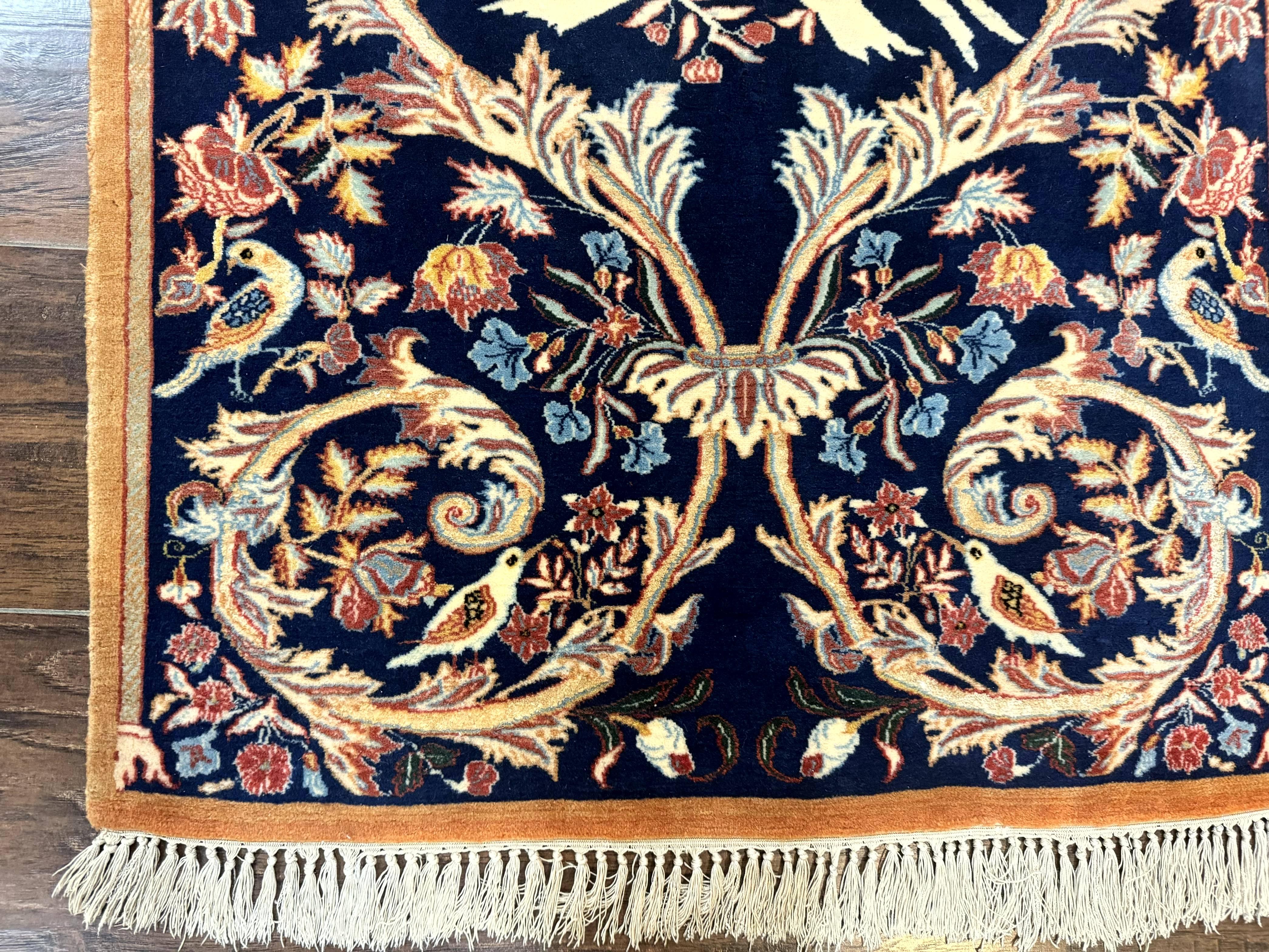 Persian Isfahan Rug 2x4, Birds, Navy Blue, Kork Wool on Silk Foundation, 460 KPSI - Jewel Rugs