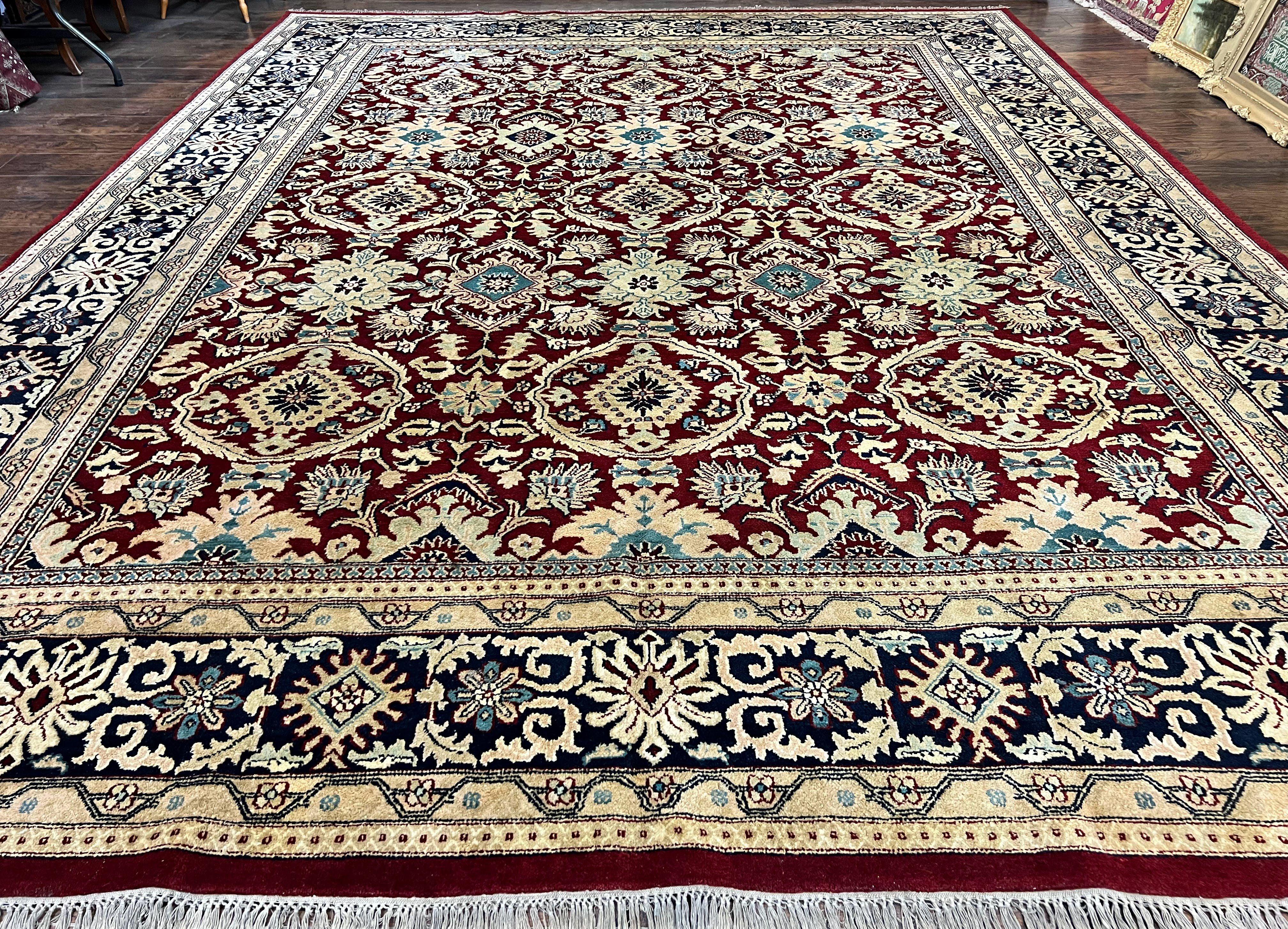 Extra Large Indian Agra Rug 11x15, Floral Allover, Maroon, Hand Knotted Handmade Vintage Oriental Carpet, Palace Sized - Jewel Rugs