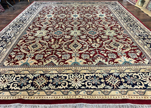 Extra Large Indian Agra Rug 11x15, Floral Allover, Maroon, Hand Knotted Handmade Vintage Oriental Carpet, Palace Sized