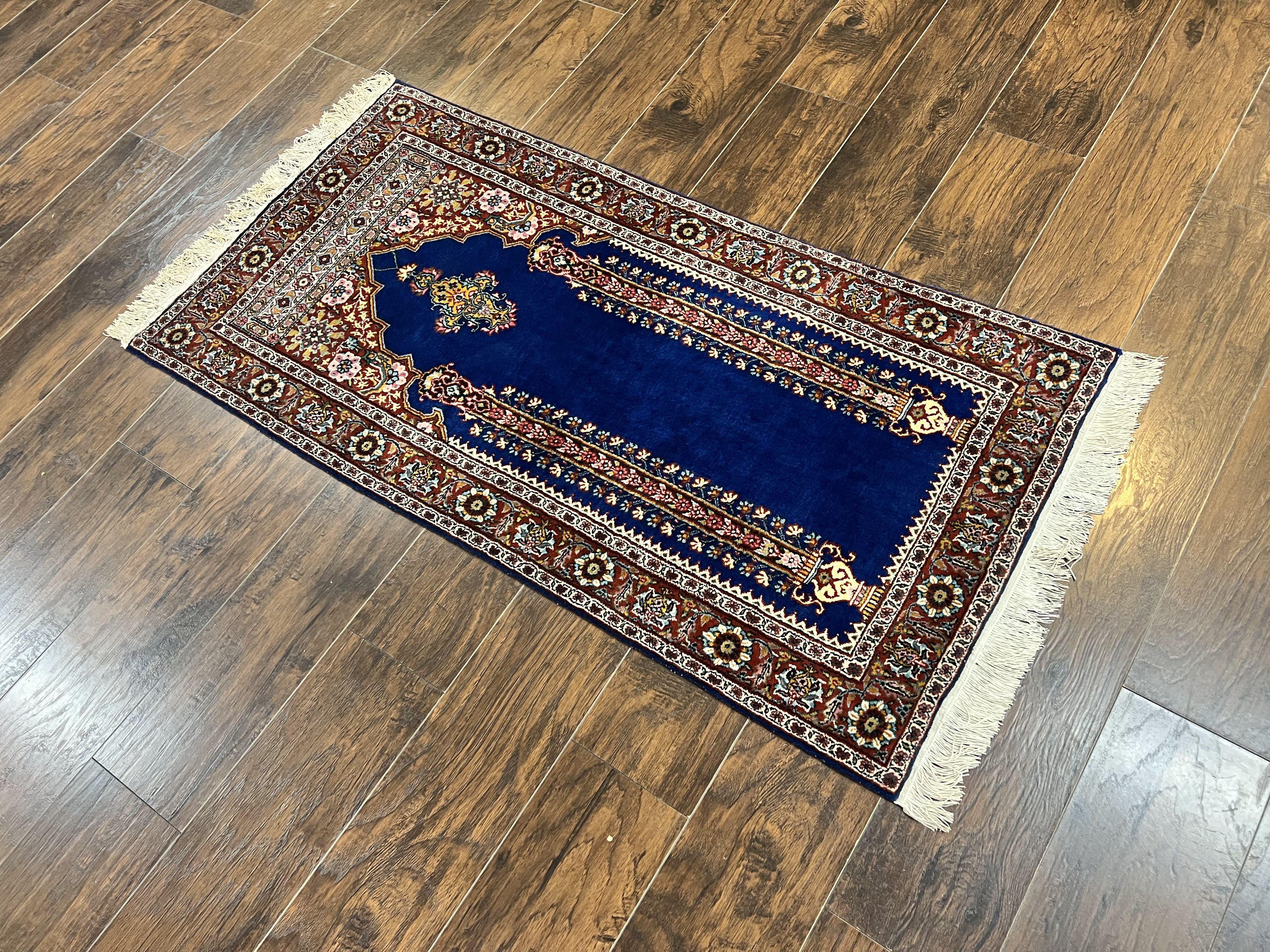 Indo Persian Prayer Rug 3x5, Fine Oriental Carpet, Dark Blue and Red, Vintage Hand Knotted Handmade Prayer Rug - Jewel Rugs