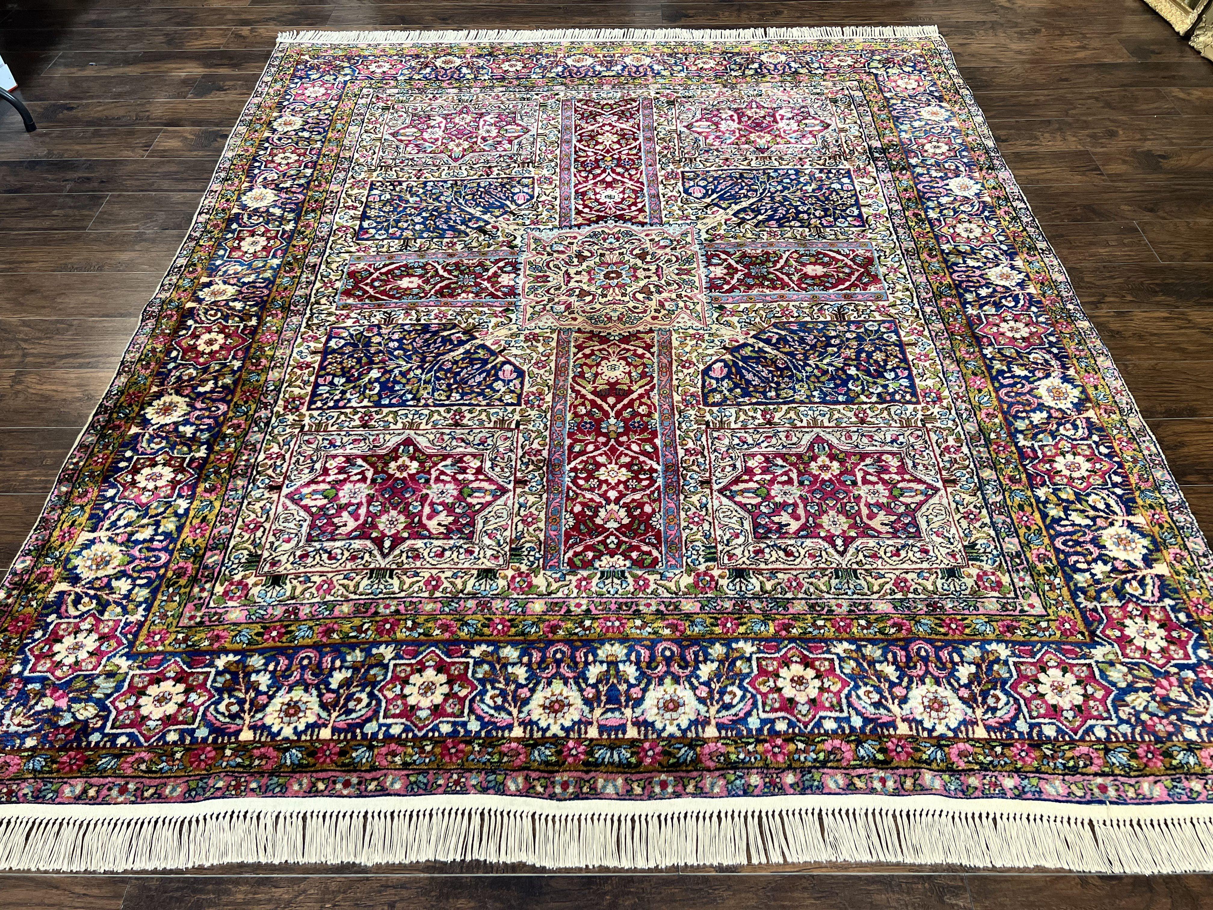 Persian Kirman Lavar Rug 8x9, Antique Persian Carpet, Colorful Multicolor 1920s Handmade Wool Rug, Garden Panel Design, Fine 200 KPSI - Jewel Rugs