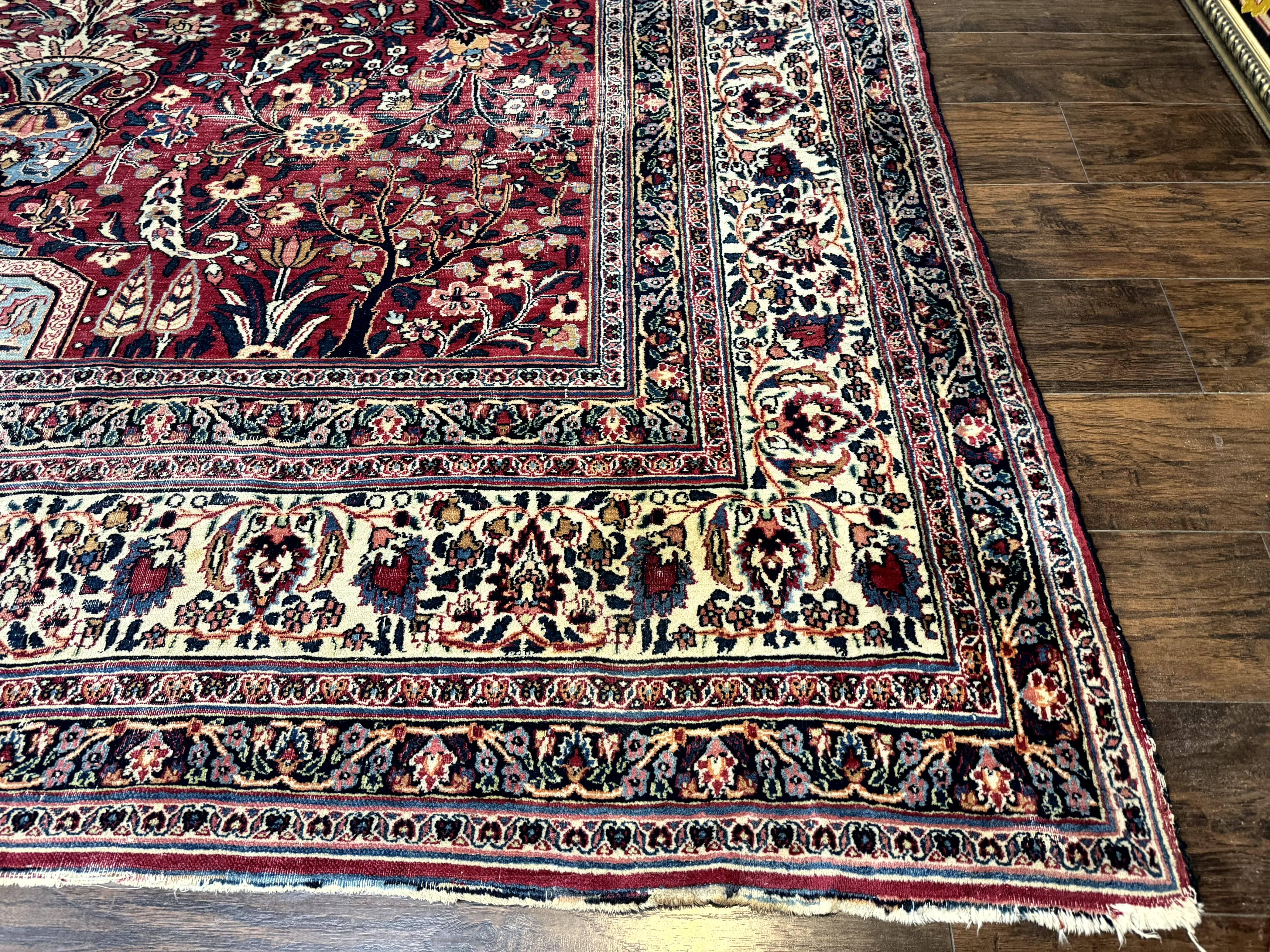 Antique Persian Mashad Rug 10x12, Red and Ivory, Signed by Master Weaver - Jewel Rugs