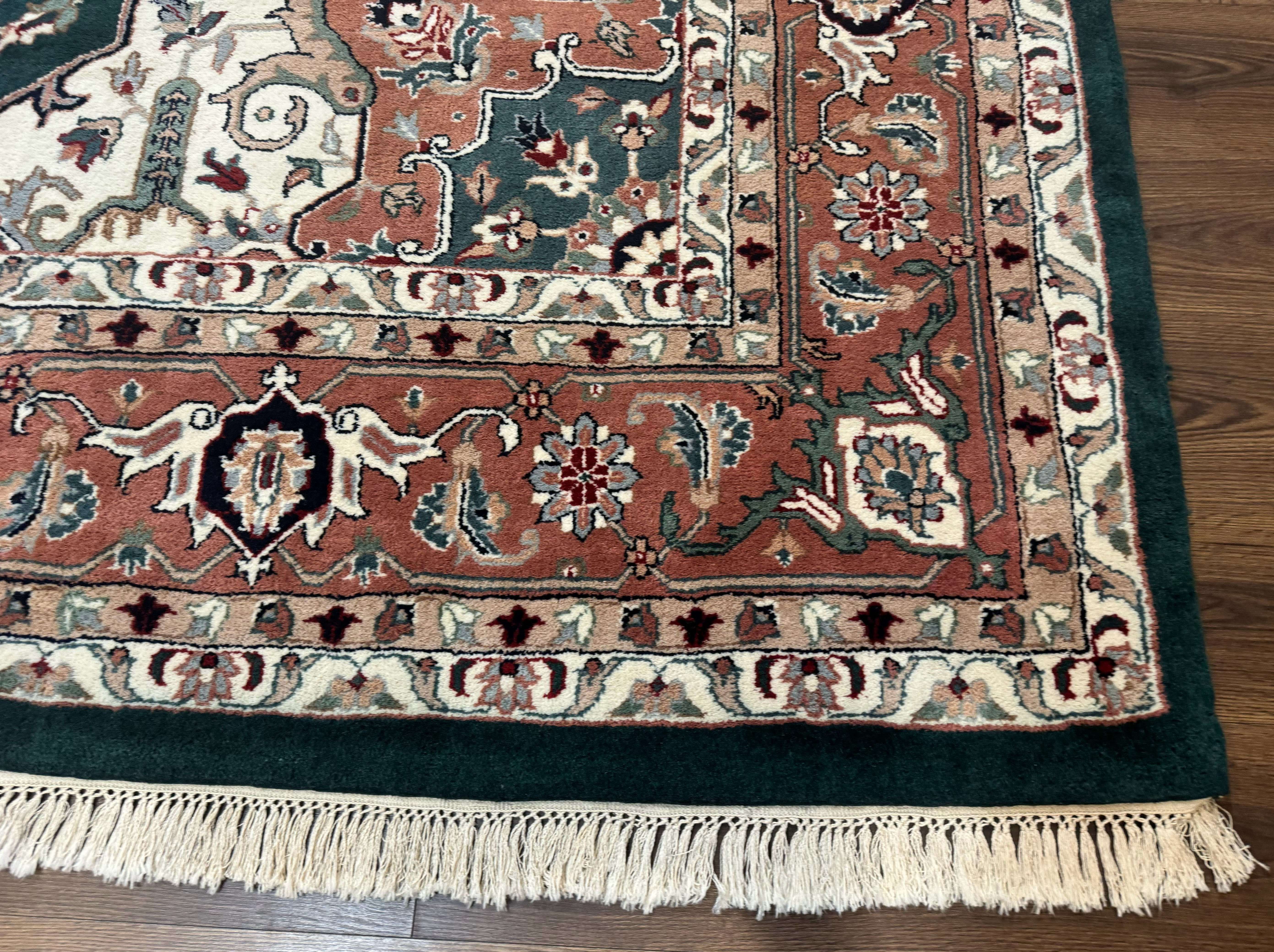 Indo Persian Heriz Rug 9x12, Dark Green & Ivory, Wool Hand Knotted Carpet - Jewel Rugs
