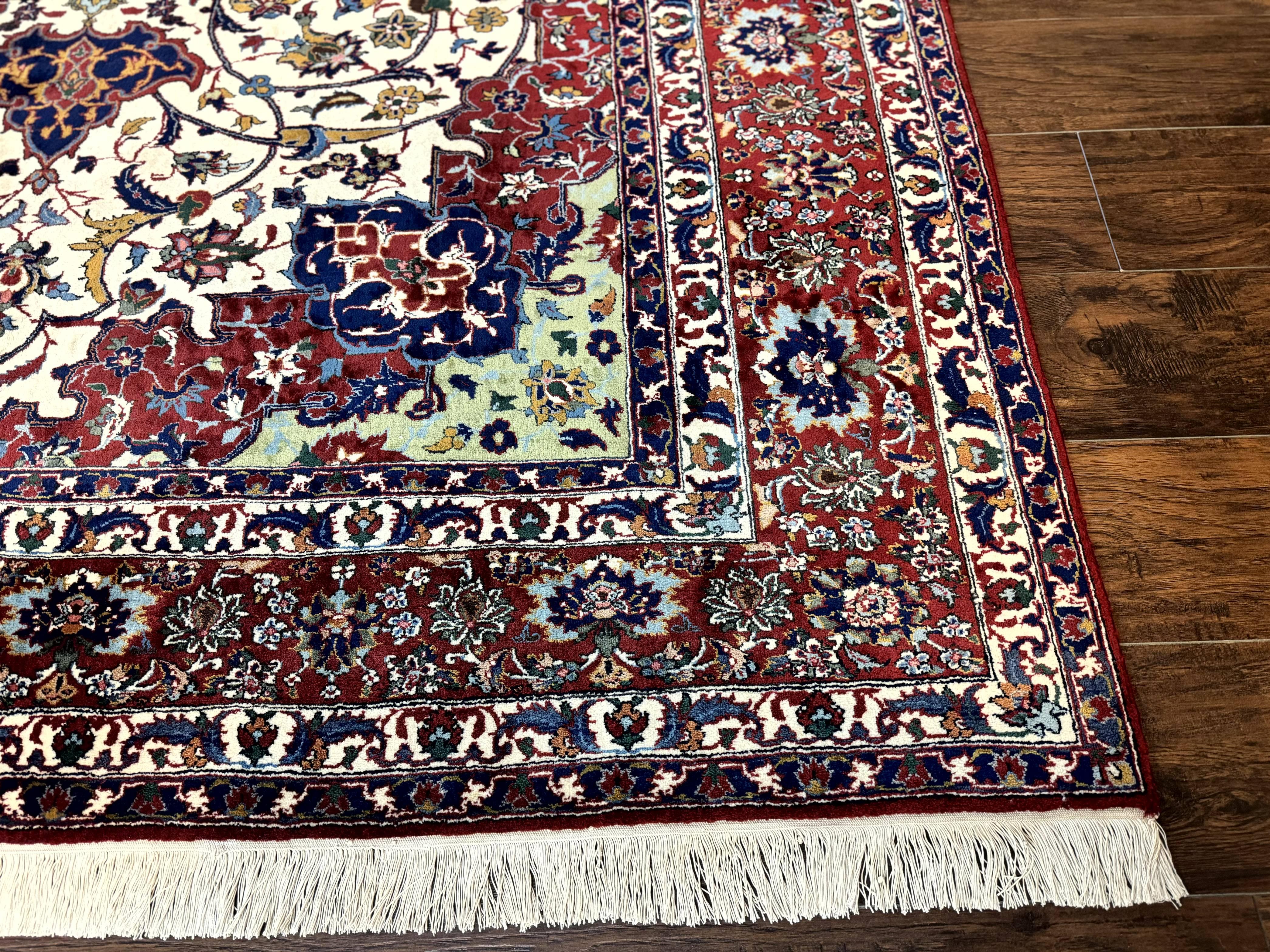 Wonderful Persian Isfahan Rug 7x9, Ivory Navy Blue Red, Floral Medallion, Very Finely Hand Knotted 260 KPSI, Handmade Wool Vintage Rug - Jewel Rugs