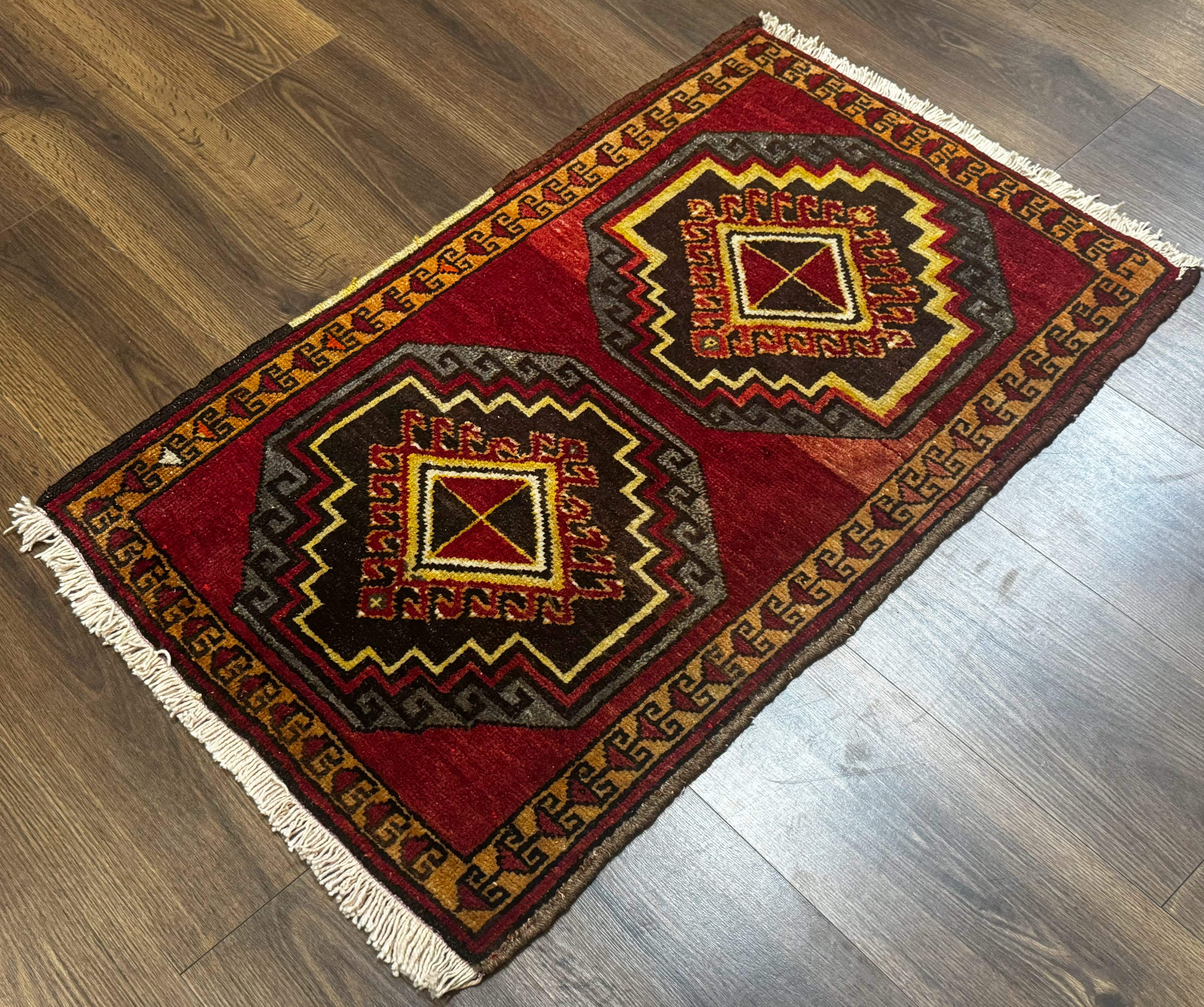 Small Antique Turkish Yastik Rug 2x3, Double Medallions, Geometric, Red, Wool - Jewel Rugs