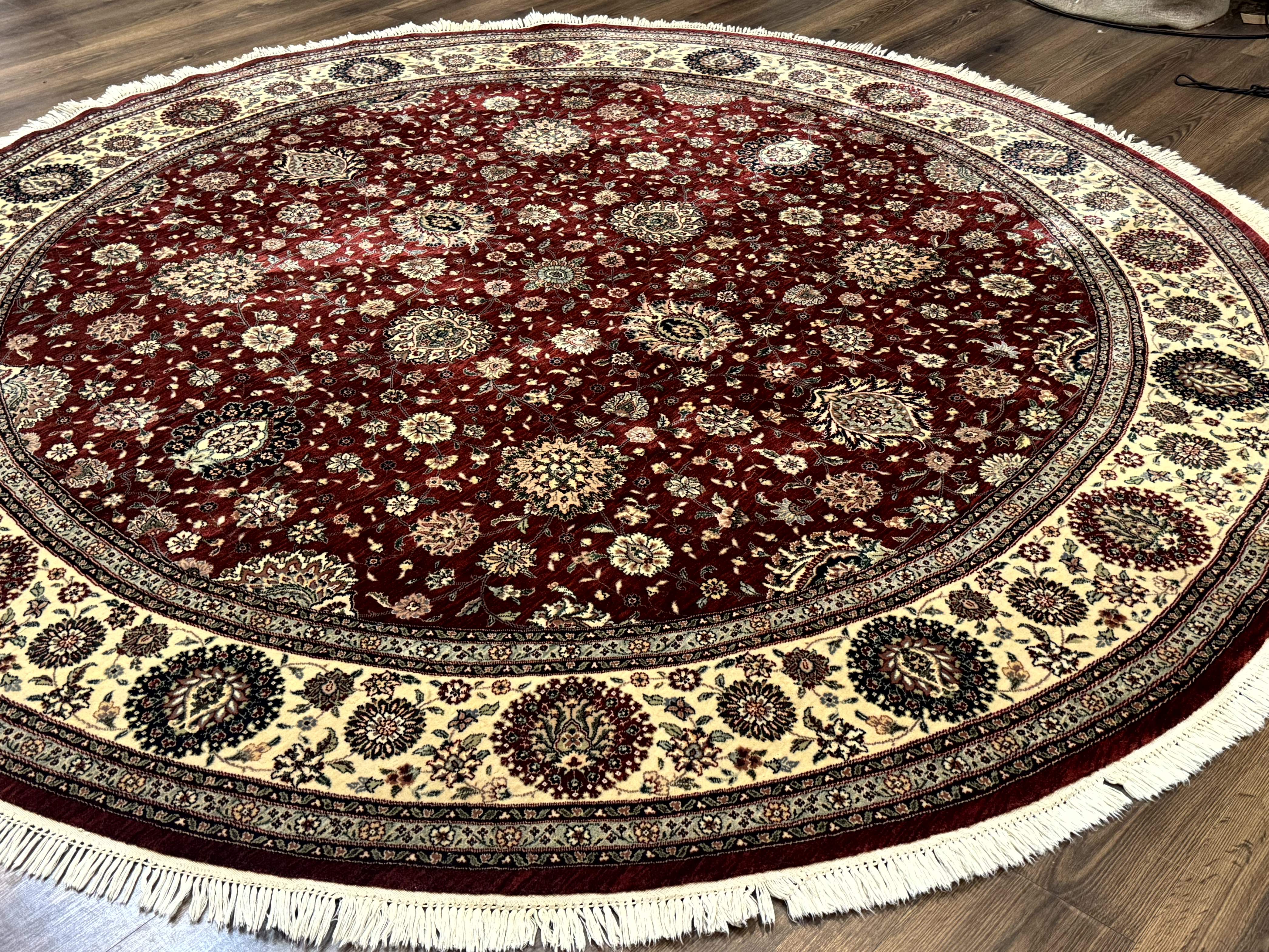 Round Sino Persian Rug 9x9, Burgundy and Cream, Floral, Wool and Silk, 9ft Round Carpet - Jewel Rugs