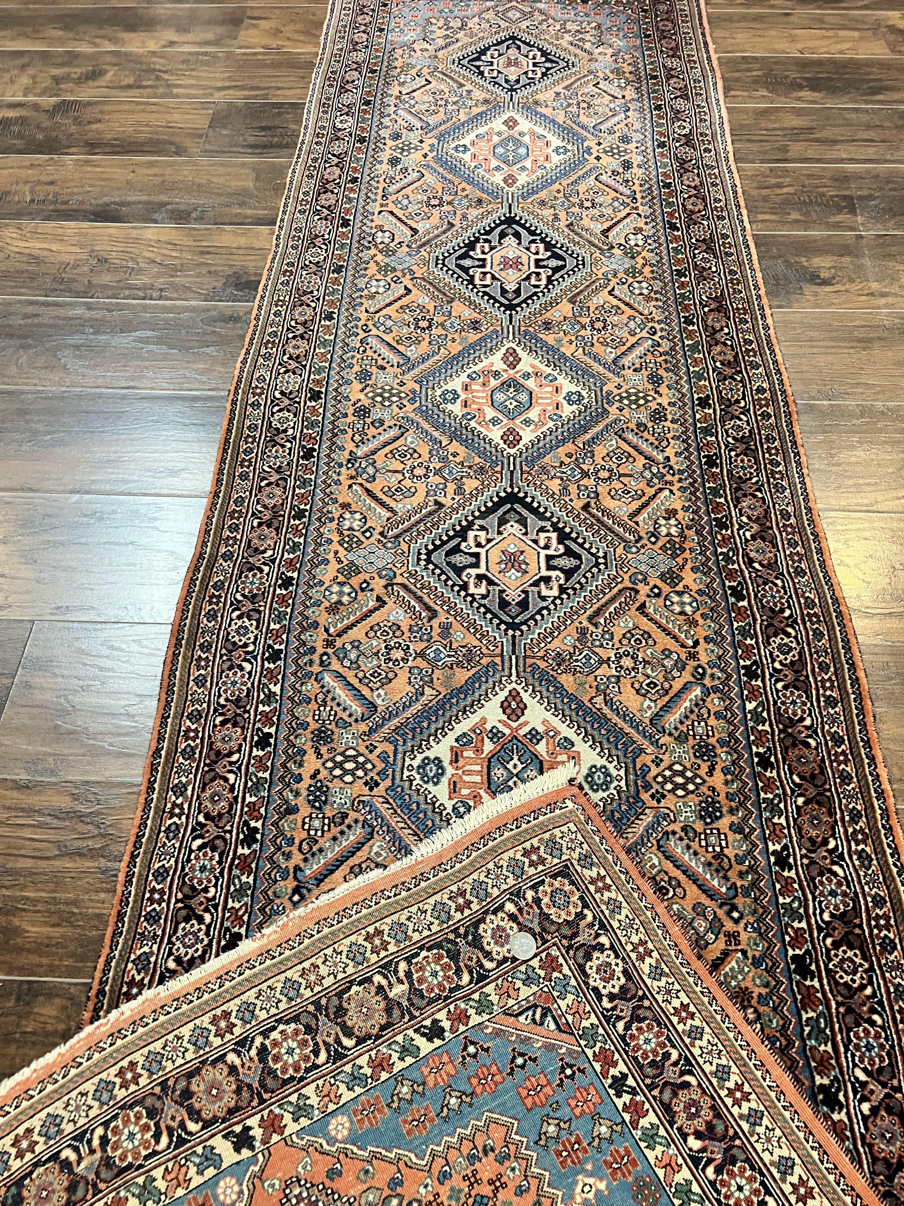 Persian Qashqai Runner Rug 2.6 x 10, Wool Hand Knotted Vintage Tribal Oriental Carpet, Salmon, Geometric Medallions Rug, Hallway Rug - Jewel Rugs