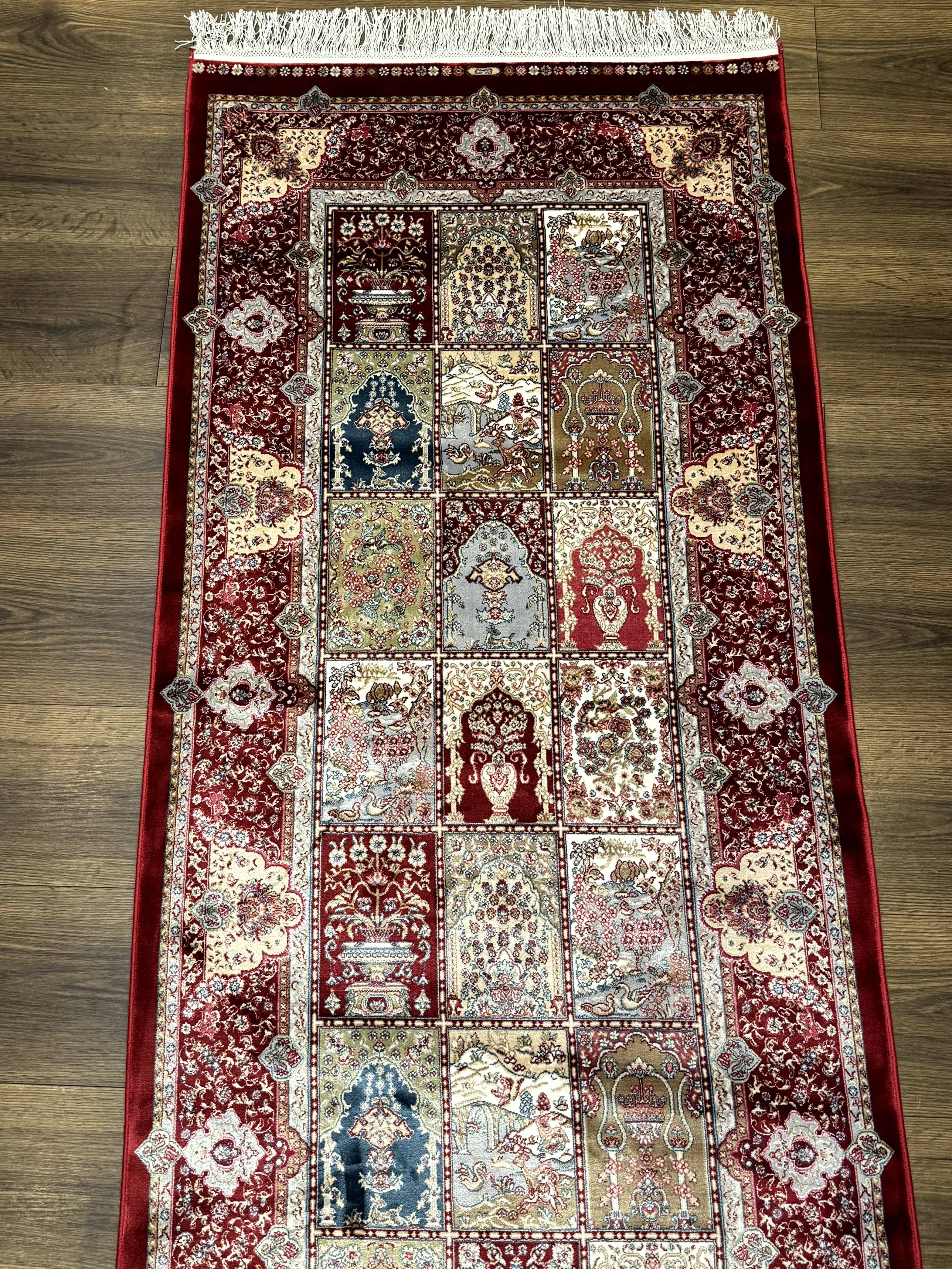Turkish Silk Runner Rug 2.6 x 11.6, Panel Design, Dark Red Ivory, Bamboo Silk, New - Jewel Rugs