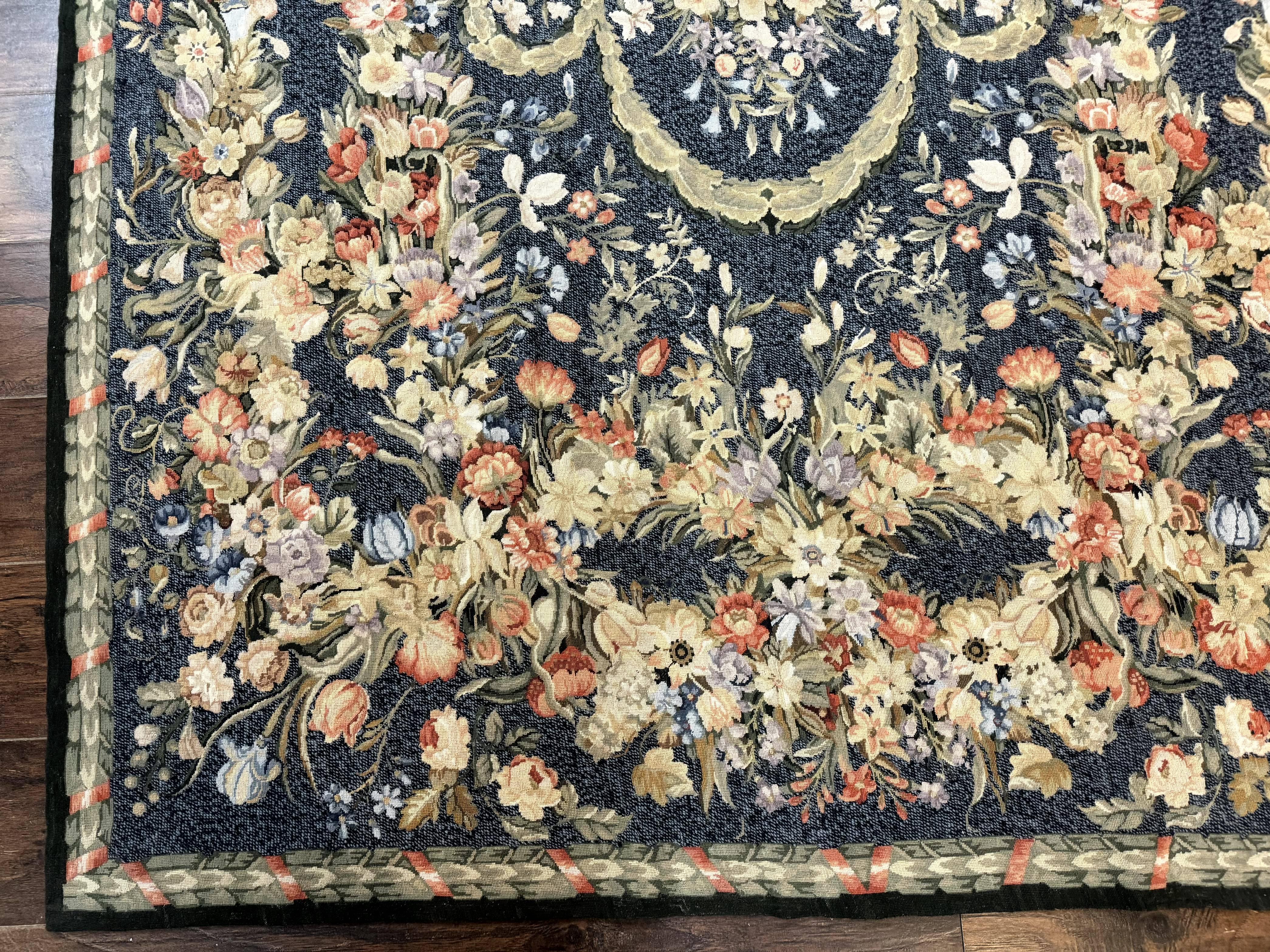 Needlepoint Rug 6x9, Petitepoint Area Rug, Floral Bouquets, European Aubusson French Design, Wool - Jewel Rugs