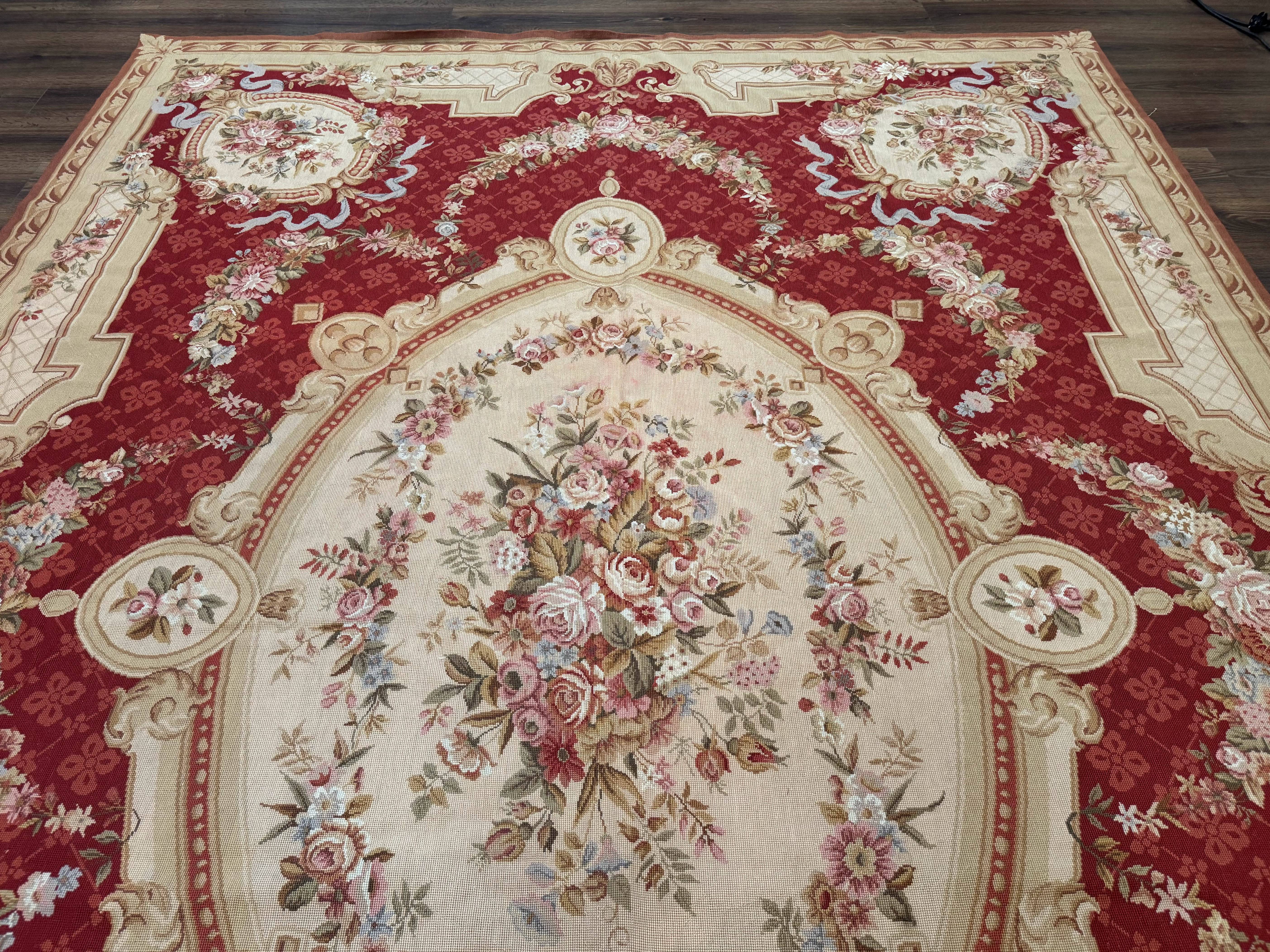 Aubusson Rug 8x11, Needlepoint Carpet, Red Ivory Beige, Vintage, French European Design - Jewel Rugs