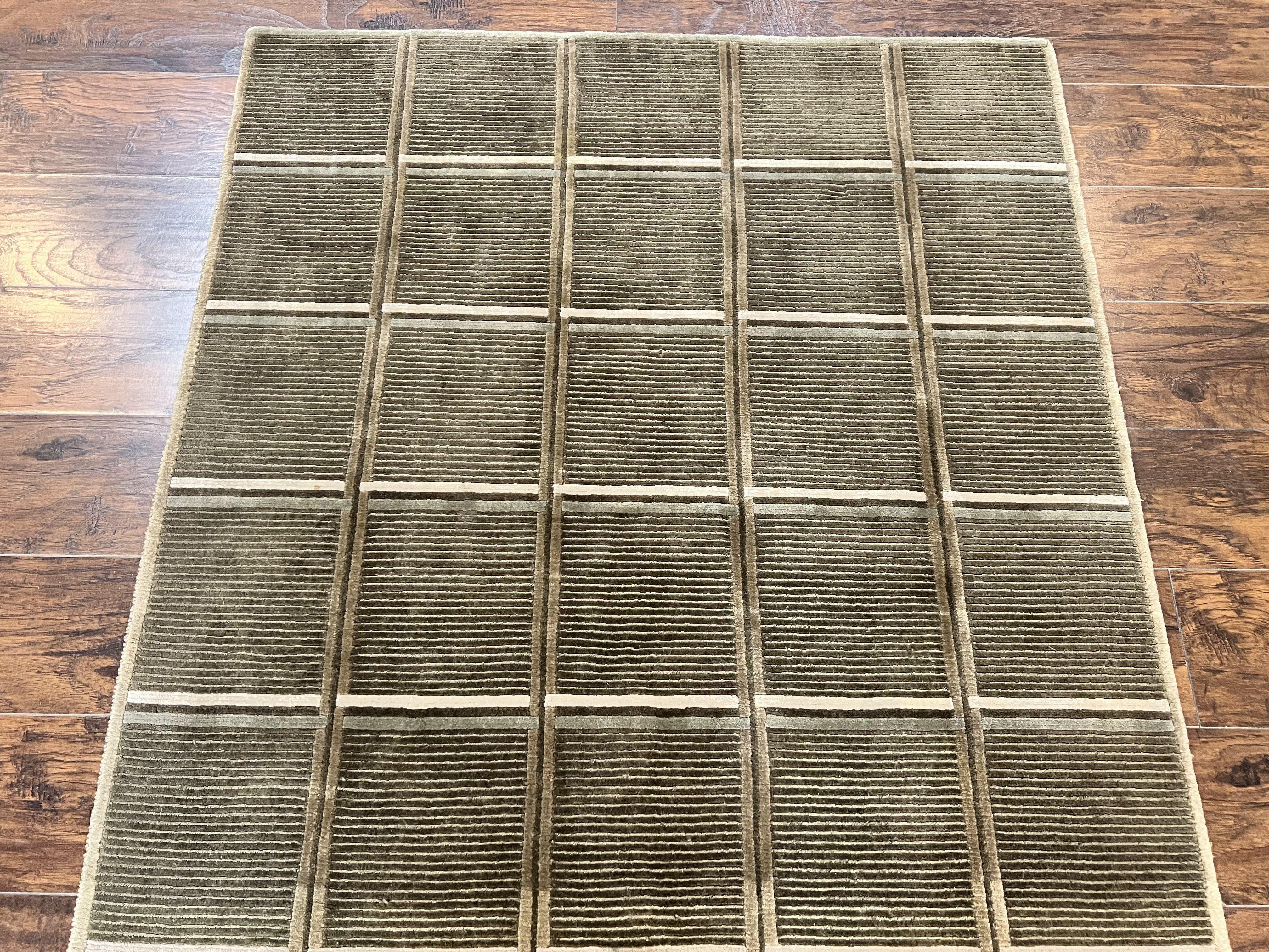 Tibetan Rug 4x6, Green Wool Handmade Area Rug 4 x 6, Panel Design, Modern Contemporary - Jewel Rugs