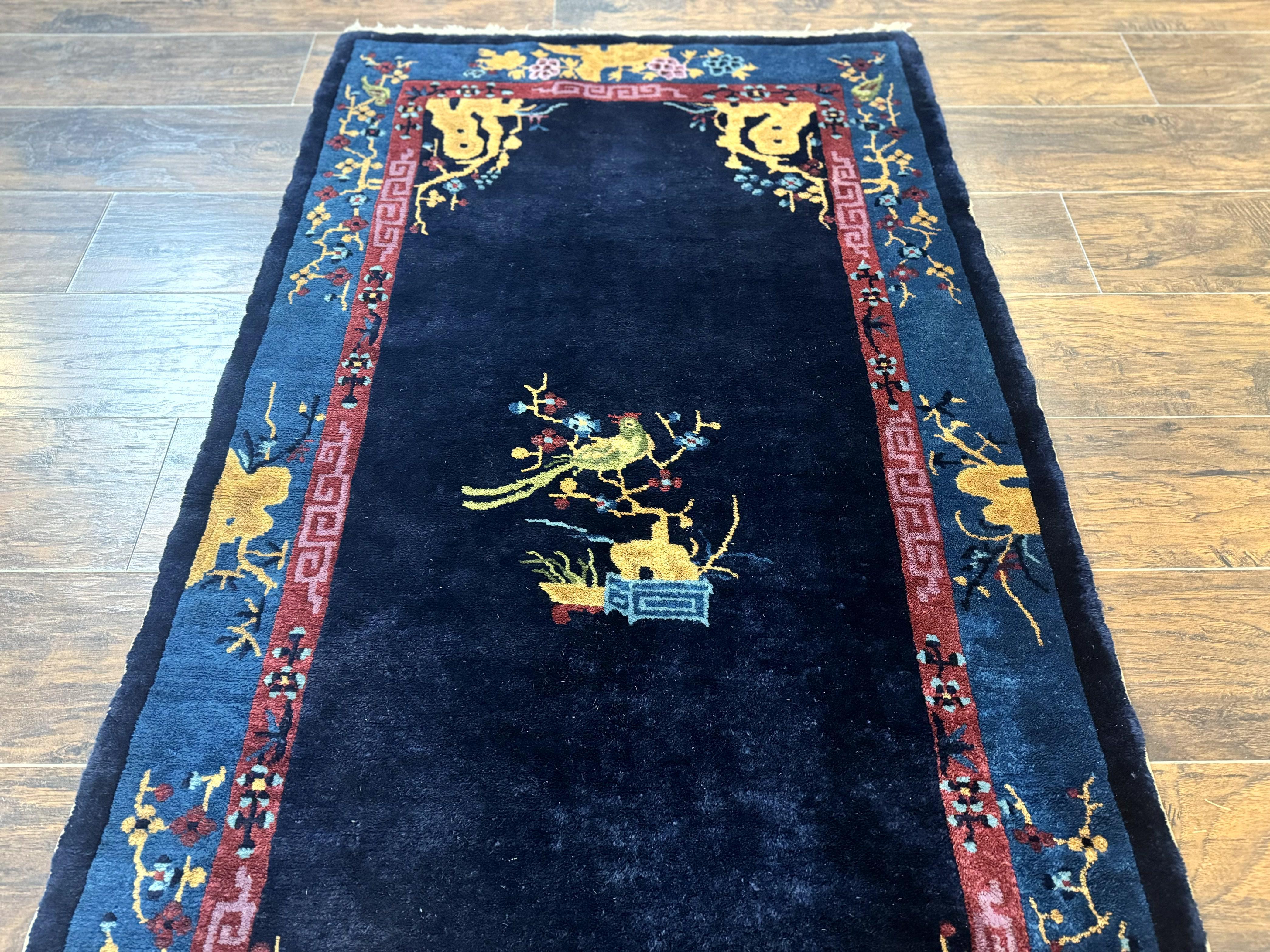 Antique Chinese Peking Rug 3x6, Dark Blue, Bird Motif, Handmade Wool Art Deco Asian Oriental Carpet, Pair A - Jewel Rugs