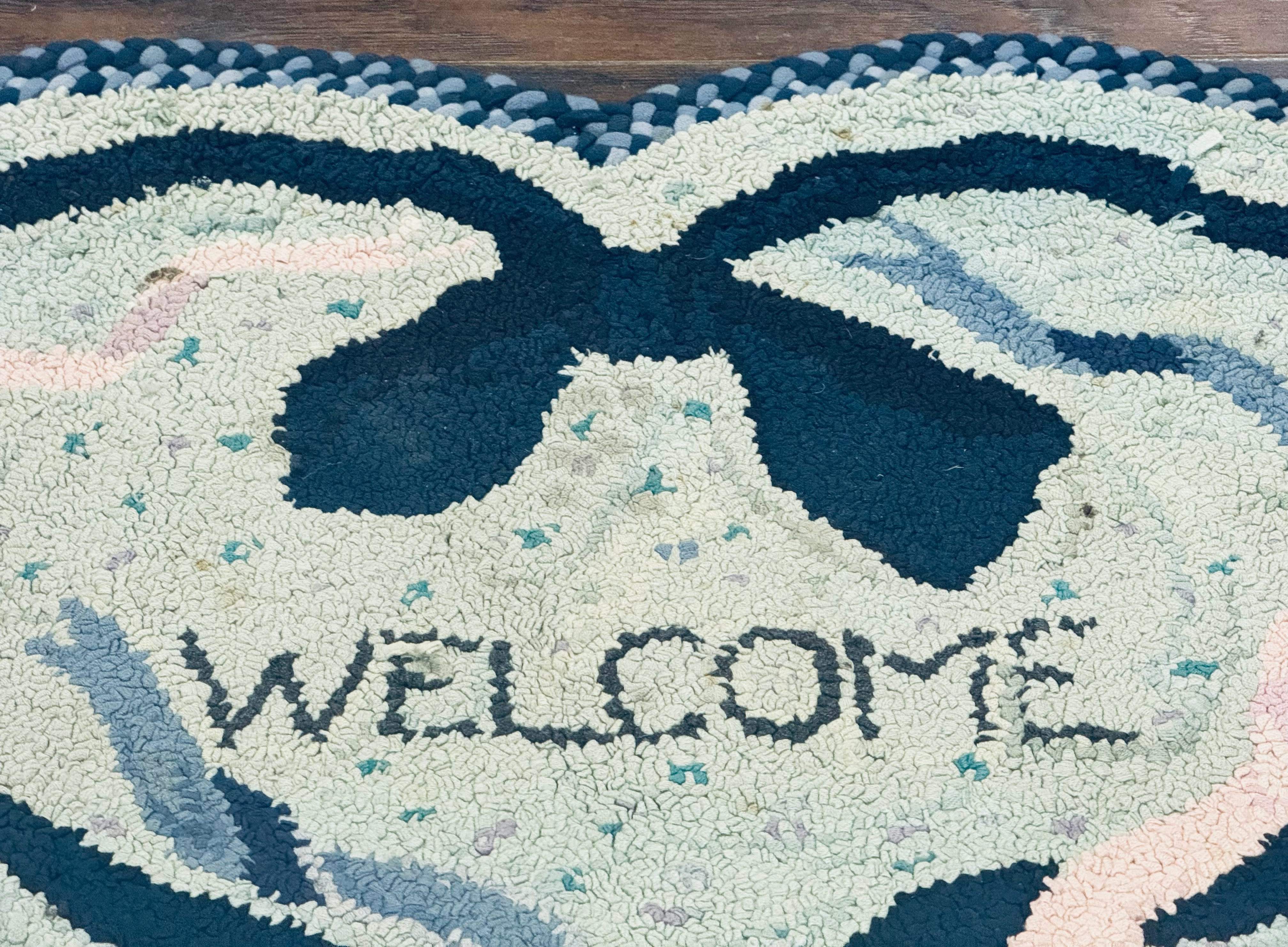 Small American Hooked Rug, Vintage Welcome Mat, Heart Shaped, Ivory and Blue - Jewel Rugs