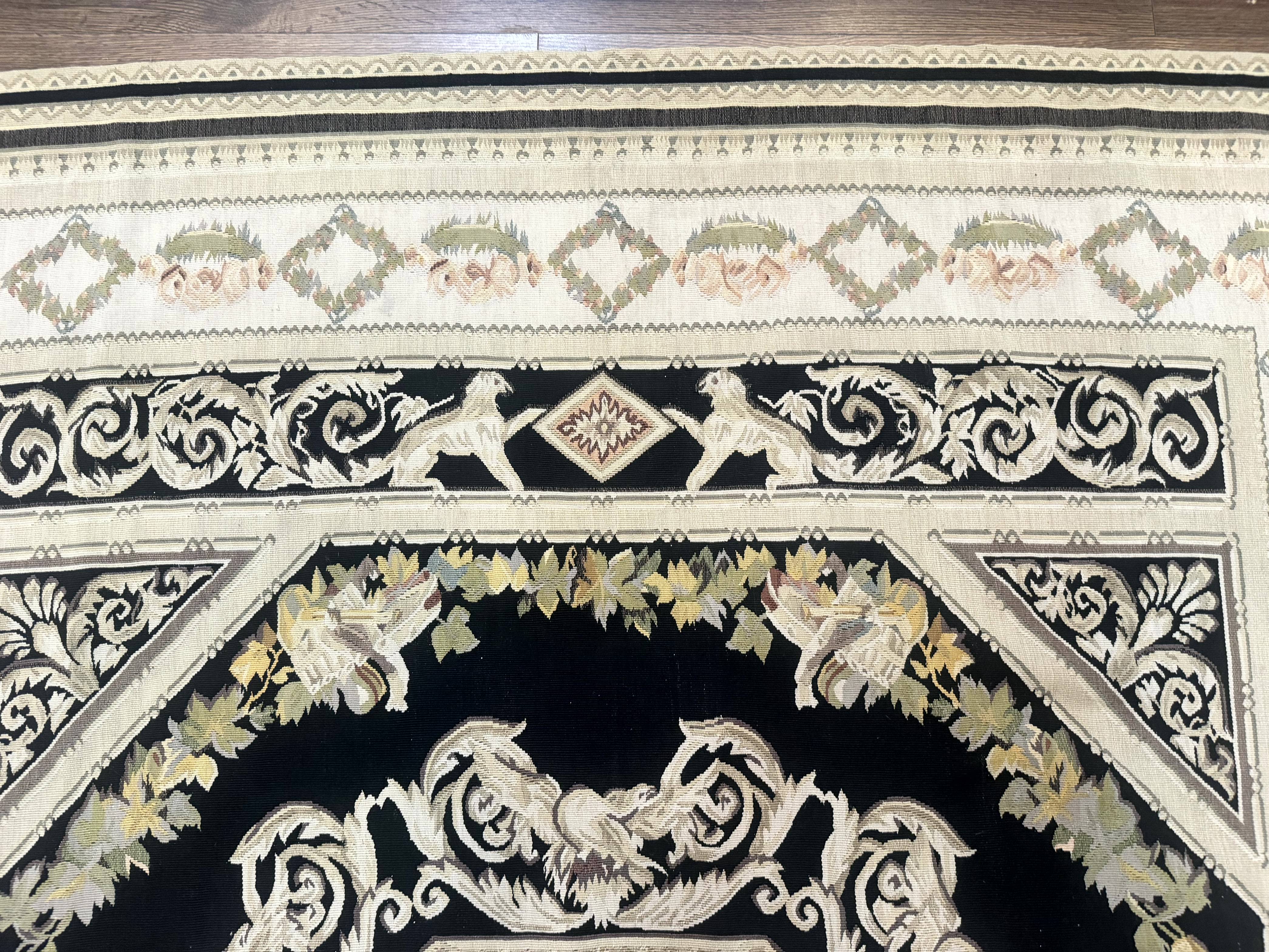 Aubusson Rug 6x8, European Design, Lion Pictorials, Black - Jewel Rugs