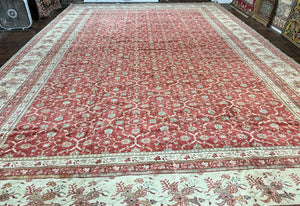 Turkish Oushak Rug 12x18, Wool Hand Knotted Vintage Carpet, Red & Oatmeal, 12 x 18 Palace SIze Handmade Oriental Rug