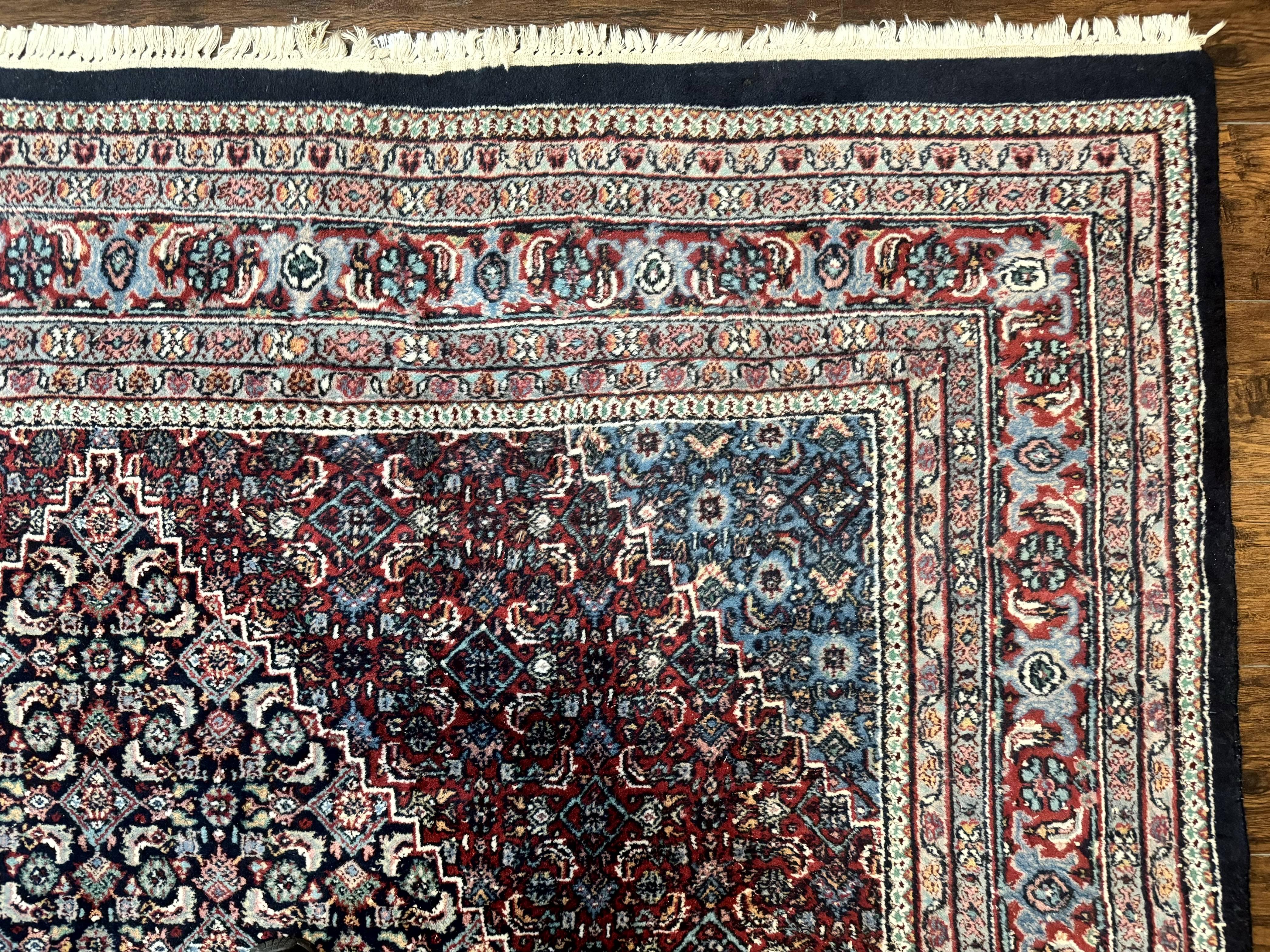 Indo Persian Bidjar Rug 8x11, Herati Mahi Pattern, Red Navy Blue, Handmade Vintage Wool Carpet - Jewel Rugs