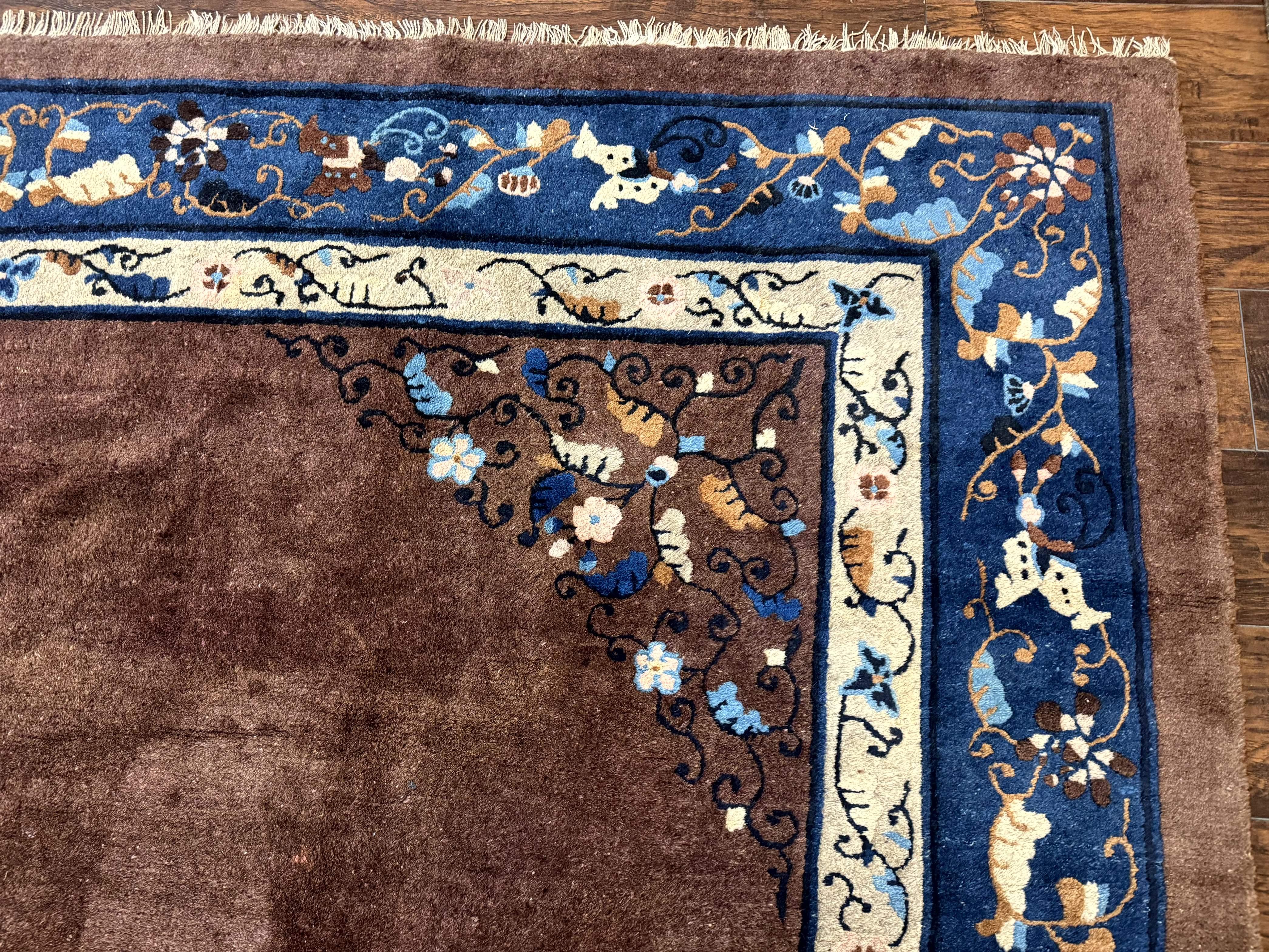 Antique Chinese Wool Rug 9x11, Large Chinese Art Deco Rug, Peking Rug, Brown and Blue, Open Field, Fete Rug - Jewel Rugs