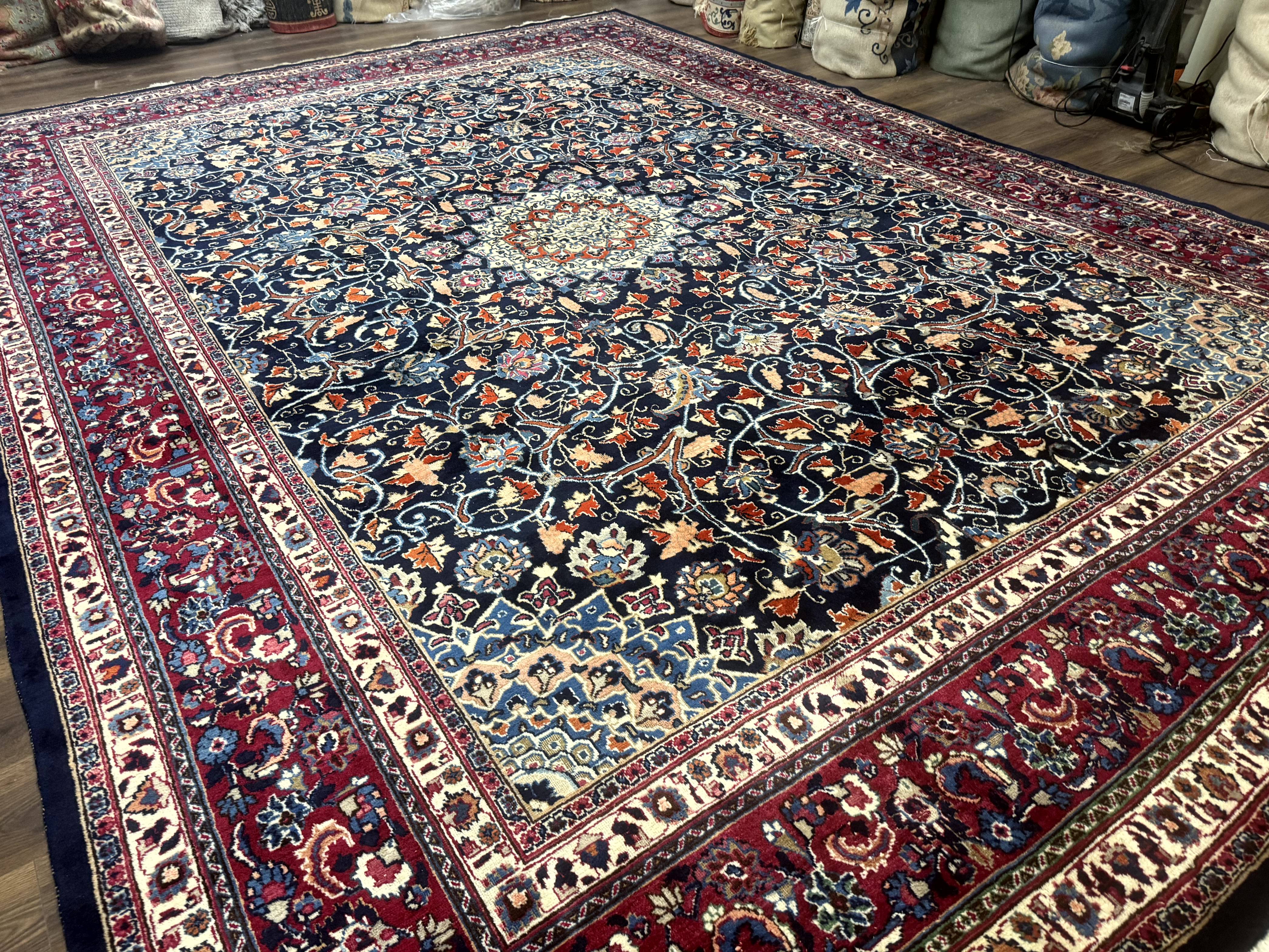 Palace Size Persian Mashad Rug 11x16, Navy Blue and Red, Floral Medallion - Jewel Rugs
