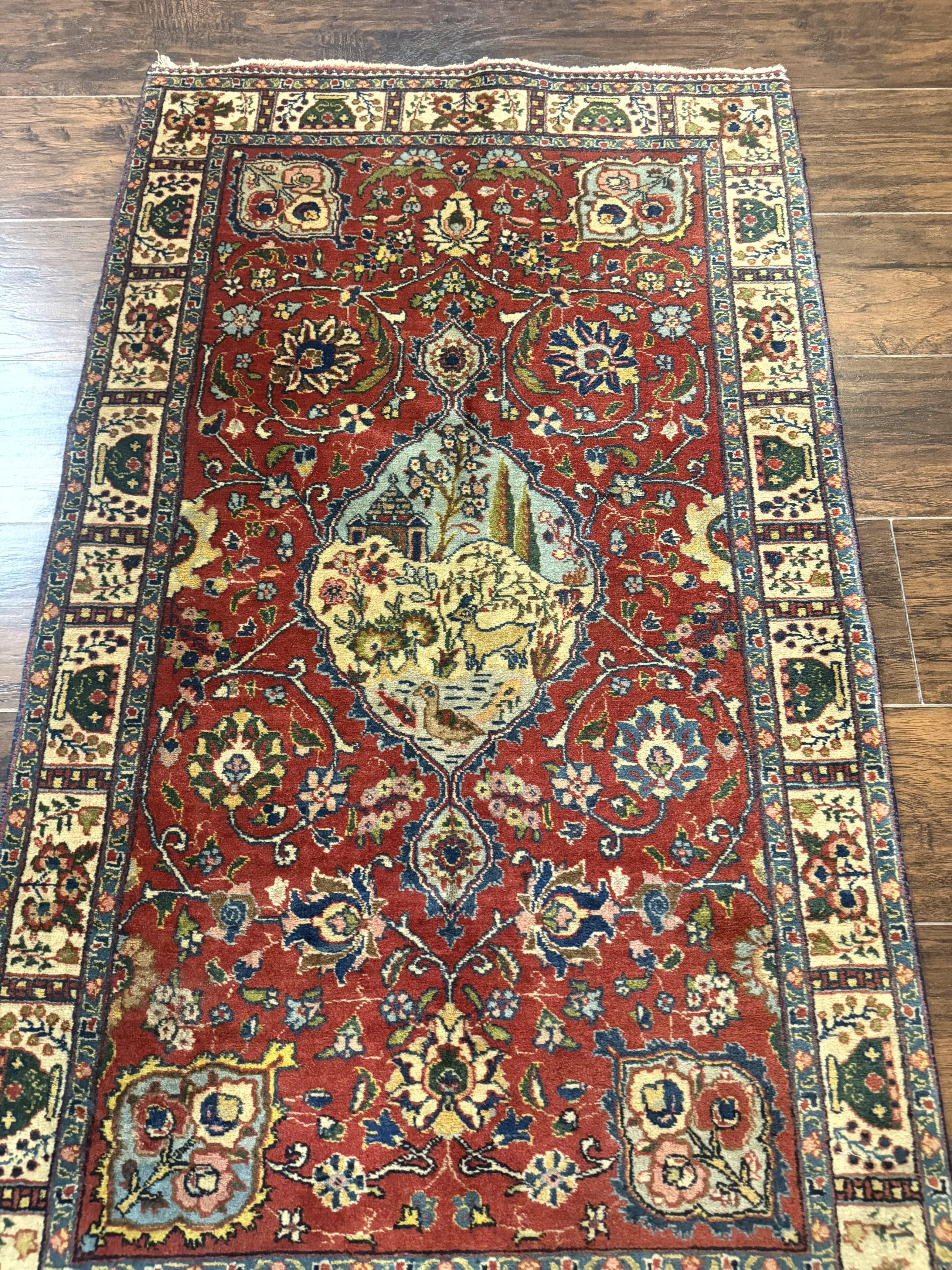 Small Persian Tabriz Rug 2.8 x 4.7, Red, Animal Pictorials, Semi Antique Vintage - Jewel Rugs