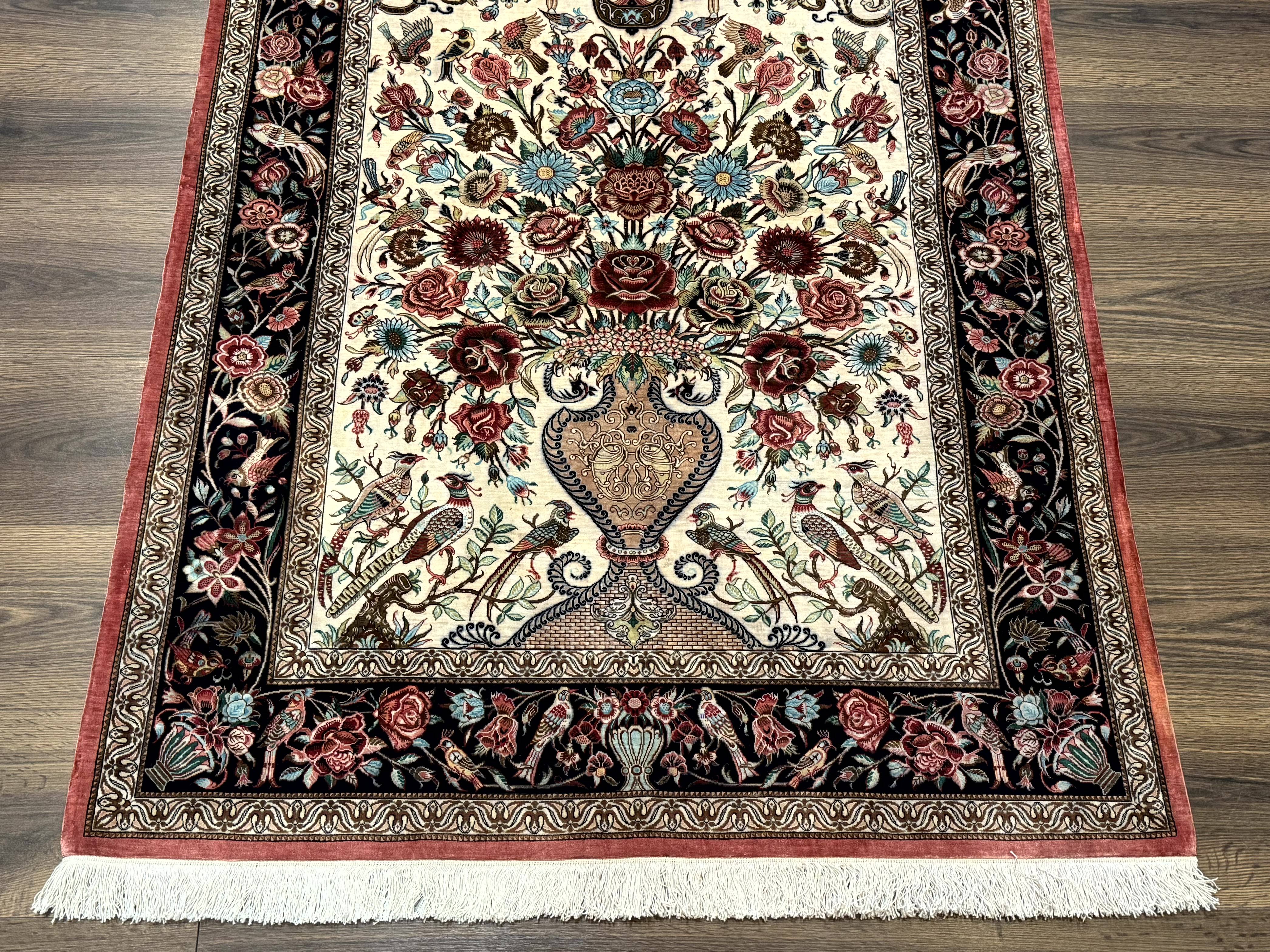 Marvelous Persian Qum Silk Rug 3x5, Exceptionally Fine 650 KPSI, Persian Vase & Birds, Signed Mir Mehdi, Rare - Jewel Rugs