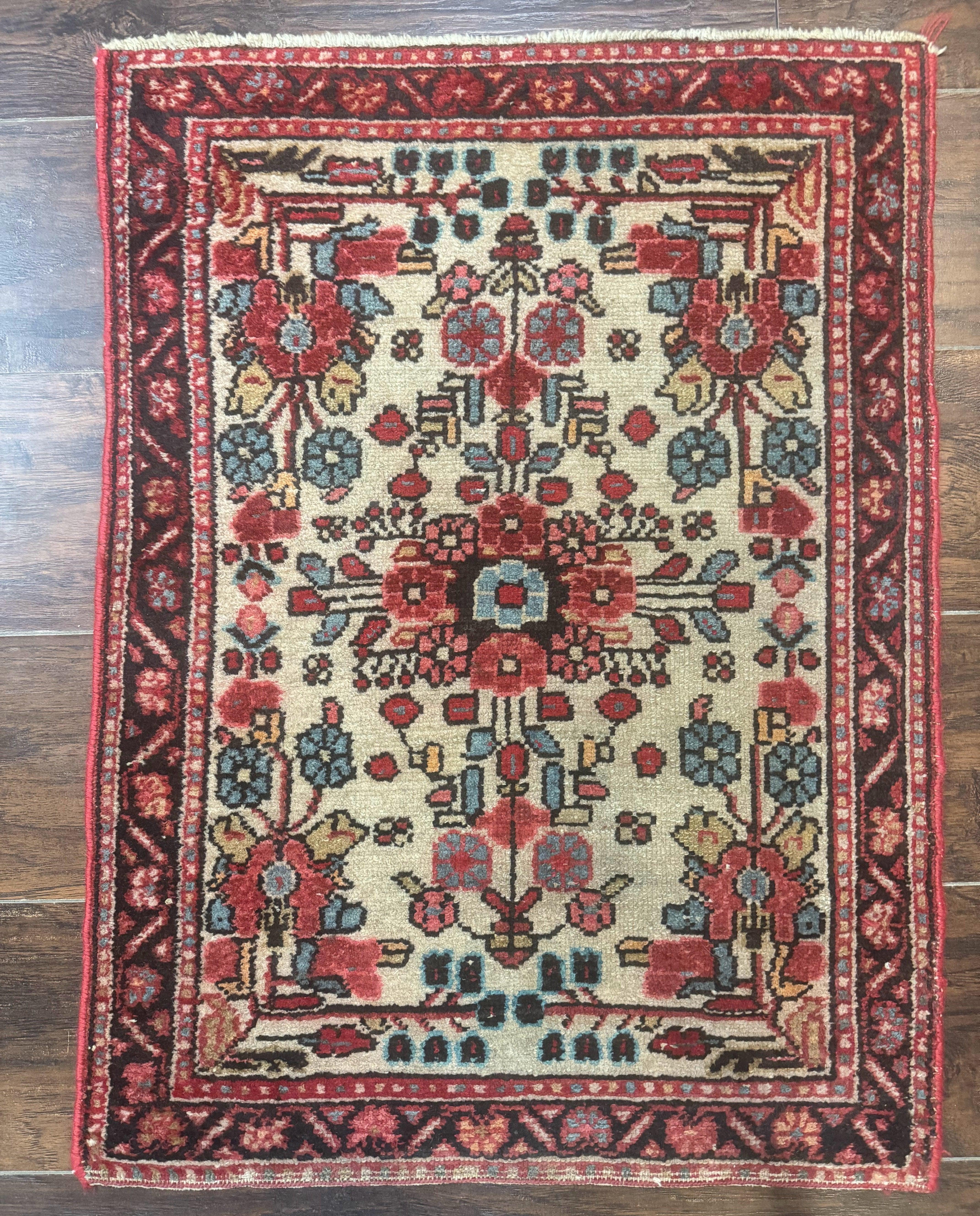 Small Antique Persian Rug 2x3, Beige and Red, Floral, Wool, Hamadan Rug - Jewel Rugs