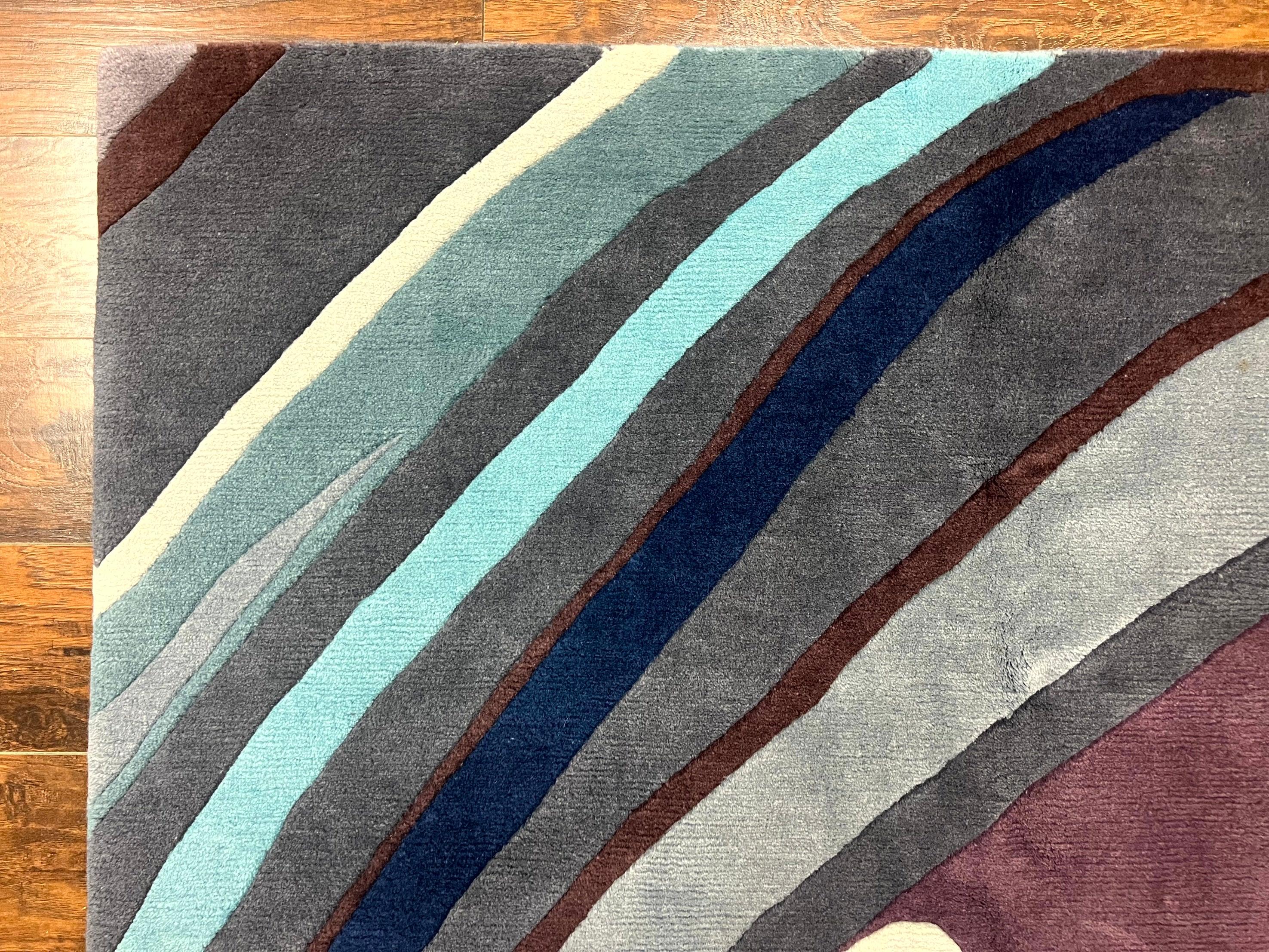 Modern Nepali Handmade Wool Rug 6x8, Blues Gray Mauve, Abstract, Nepali Tibetan Rug - Jewel Rugs