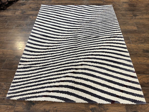 Vintage Zebra Stripes Shag Rug 5.7 x 7.4, Black and White, Retro, Wool