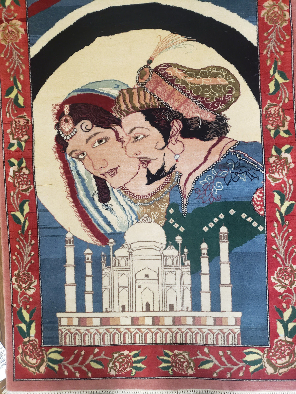 Vintage Small Pictorial Lovers Rug 2.5 x 4, Taj Mahal Indo Persian Rug, Wool Hand-Knotted Indian Rug, King & Queen, Layla and Majnun