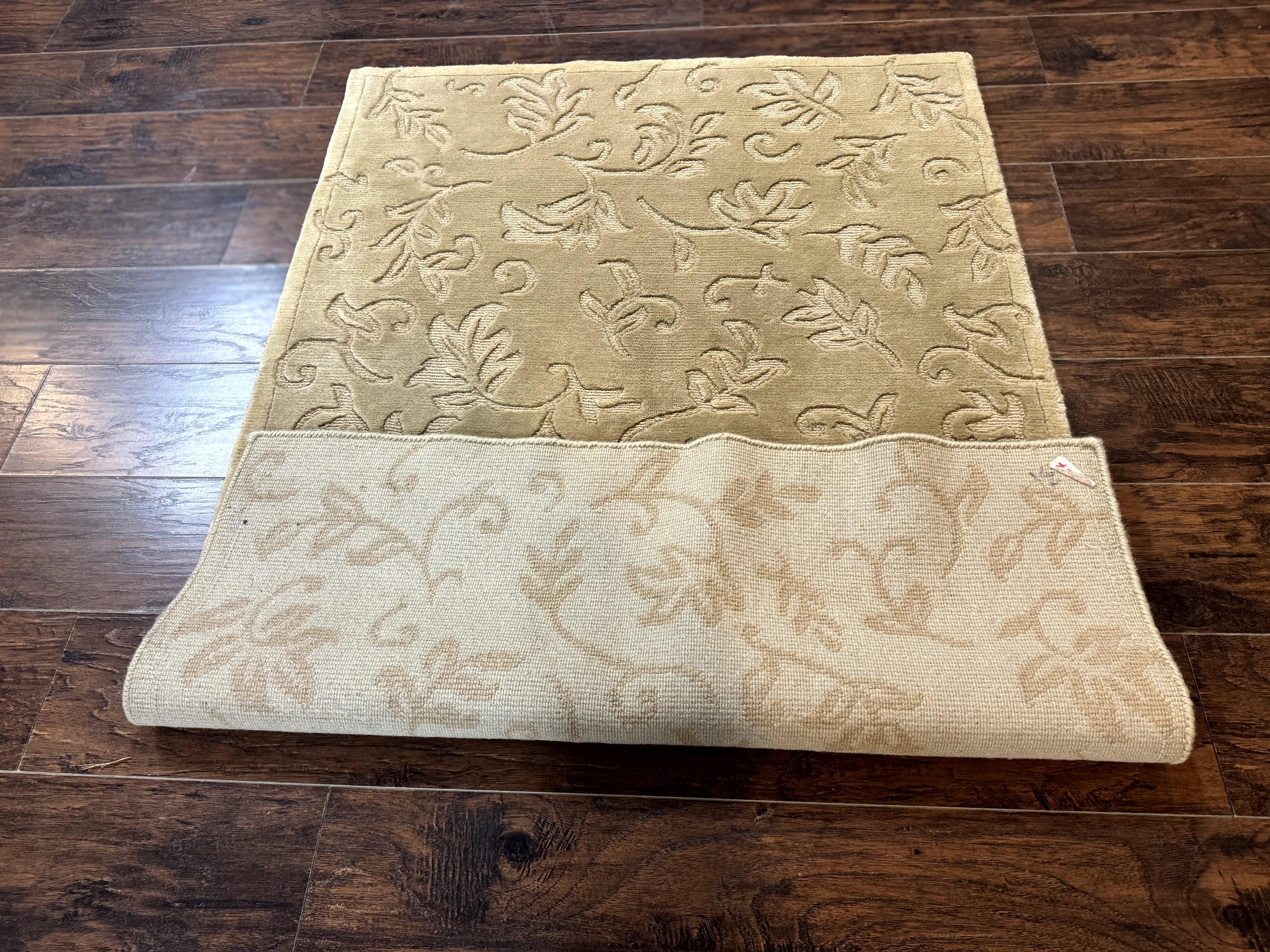 Modern Tibetan Rug 3.7 x 5.5, Carved Floral Design, Wool and Silk Highlights - Jewel Rugs