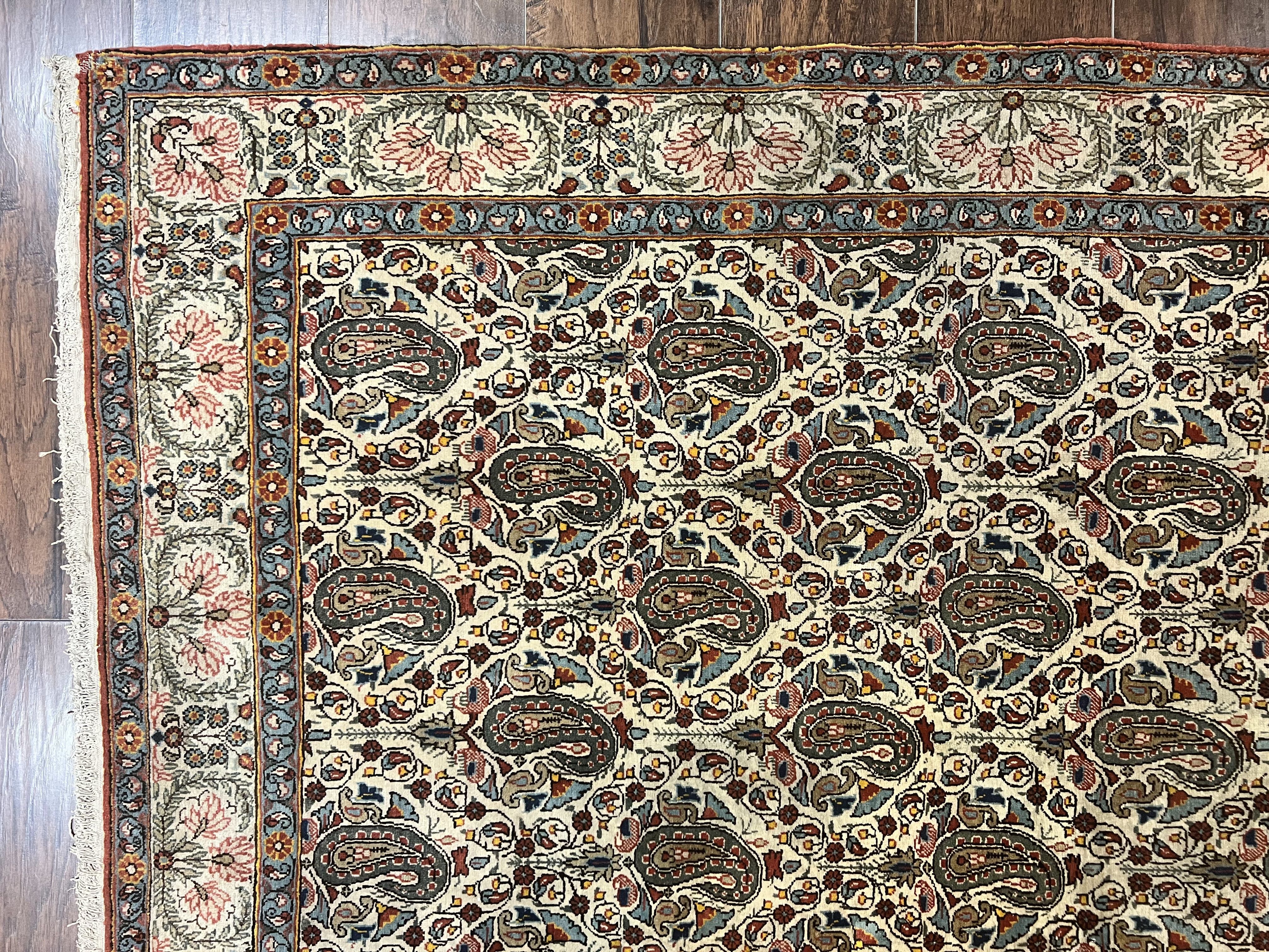 Persian Qum Rug 5x6, Cream Wool Hand Knotted Carpet, Repeated Boteh Paisely Design, Semi Antique Vintage Rug, Very Fine Weave 5 x 6 Rug - Jewel Rugs